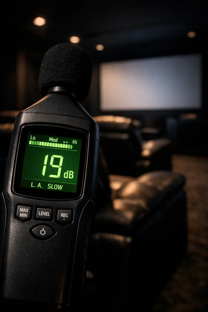 Mesure acoustique d'une salle de cinéma privée — sonomètre affichant 19 dB