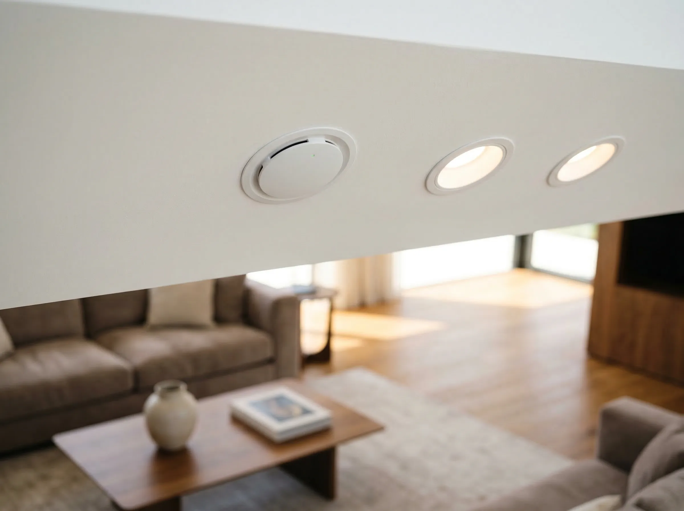 Capteurs discrets de température et présence intégrés au plafond d'un intérieur luxueux