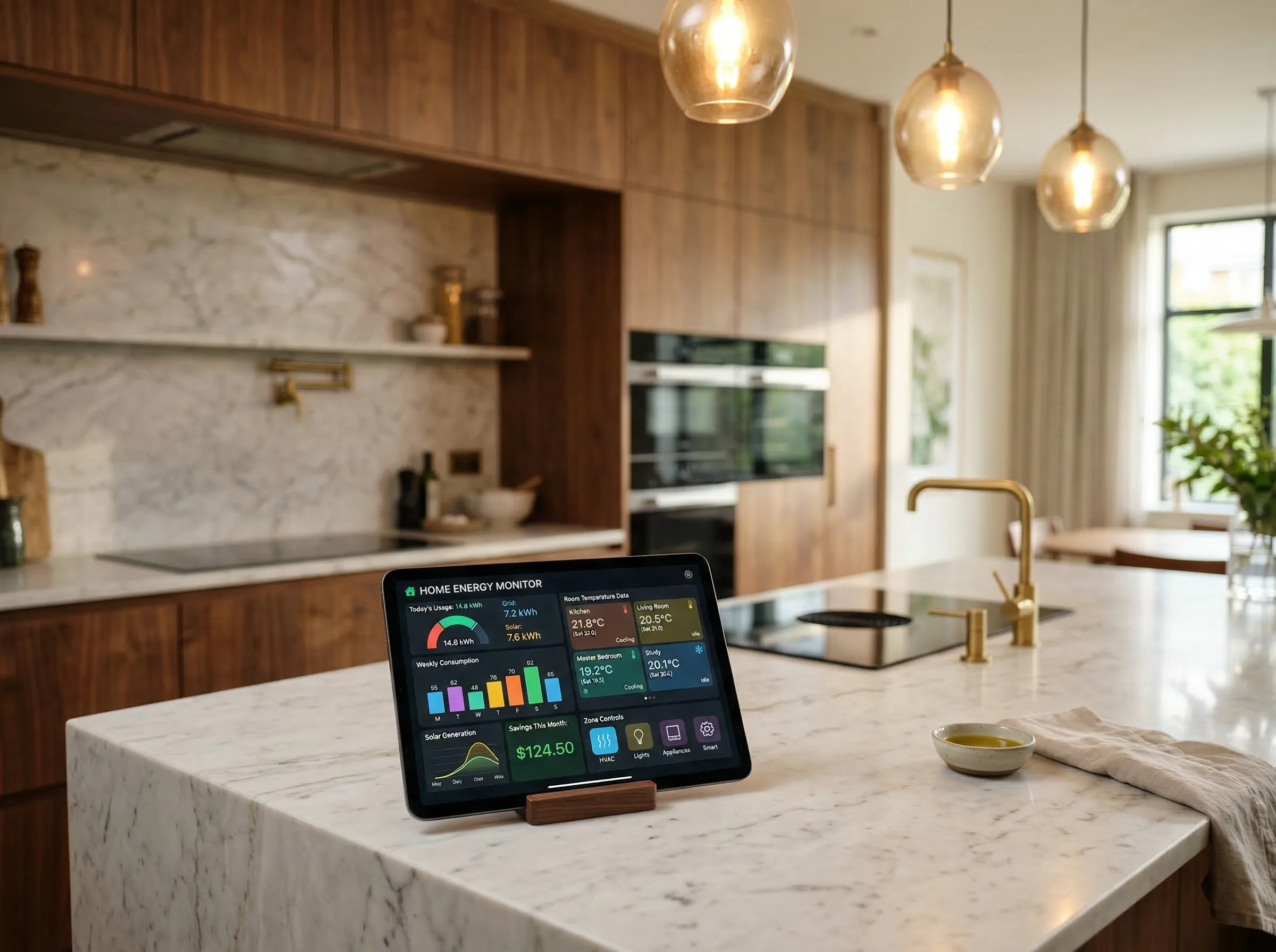 Tableau de bord énergétique sur tablette dans une cuisine moderne de villa