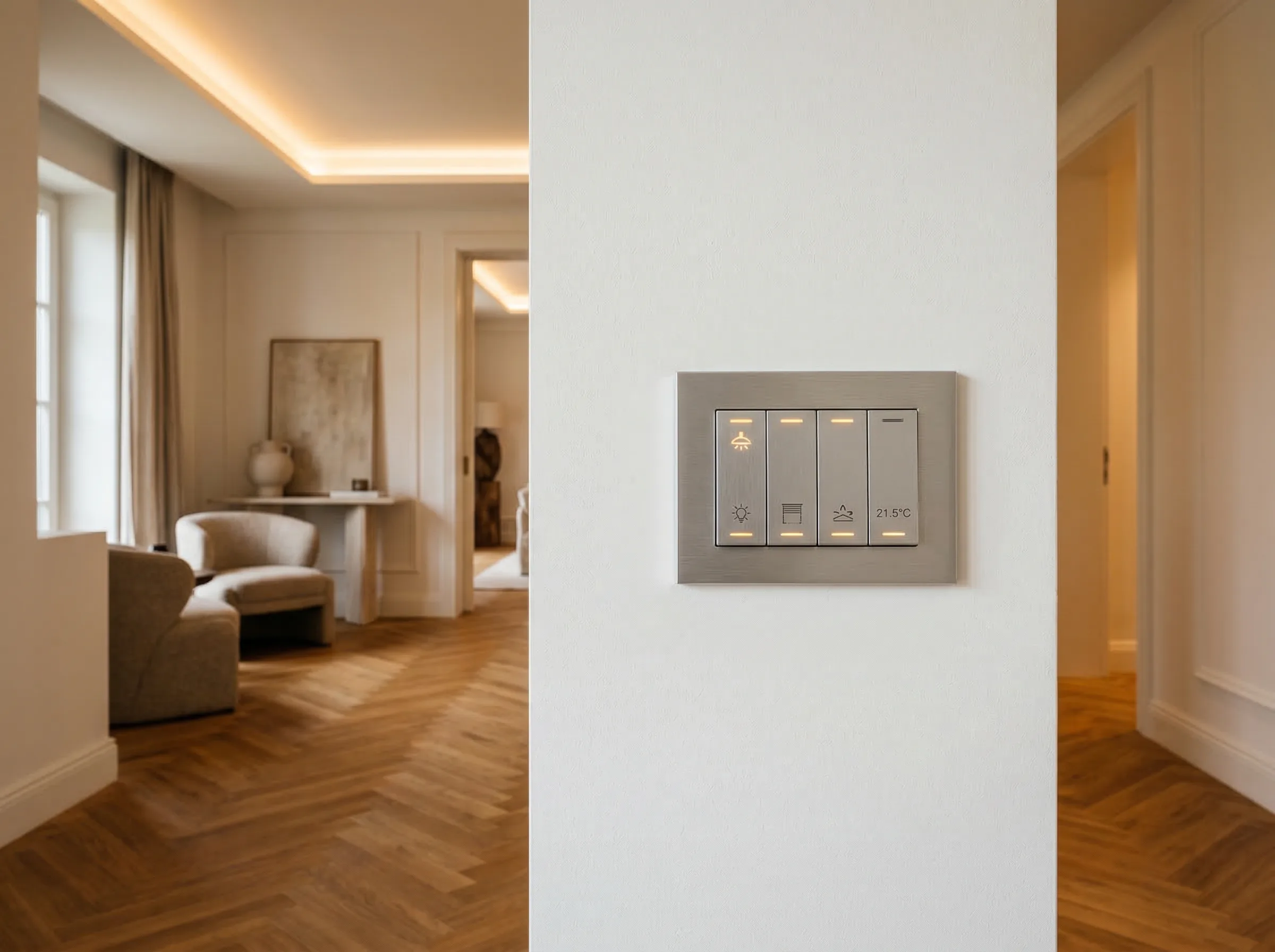 Panneau KNX dans un intérieur européen haut de gamme avec domotique intégrée