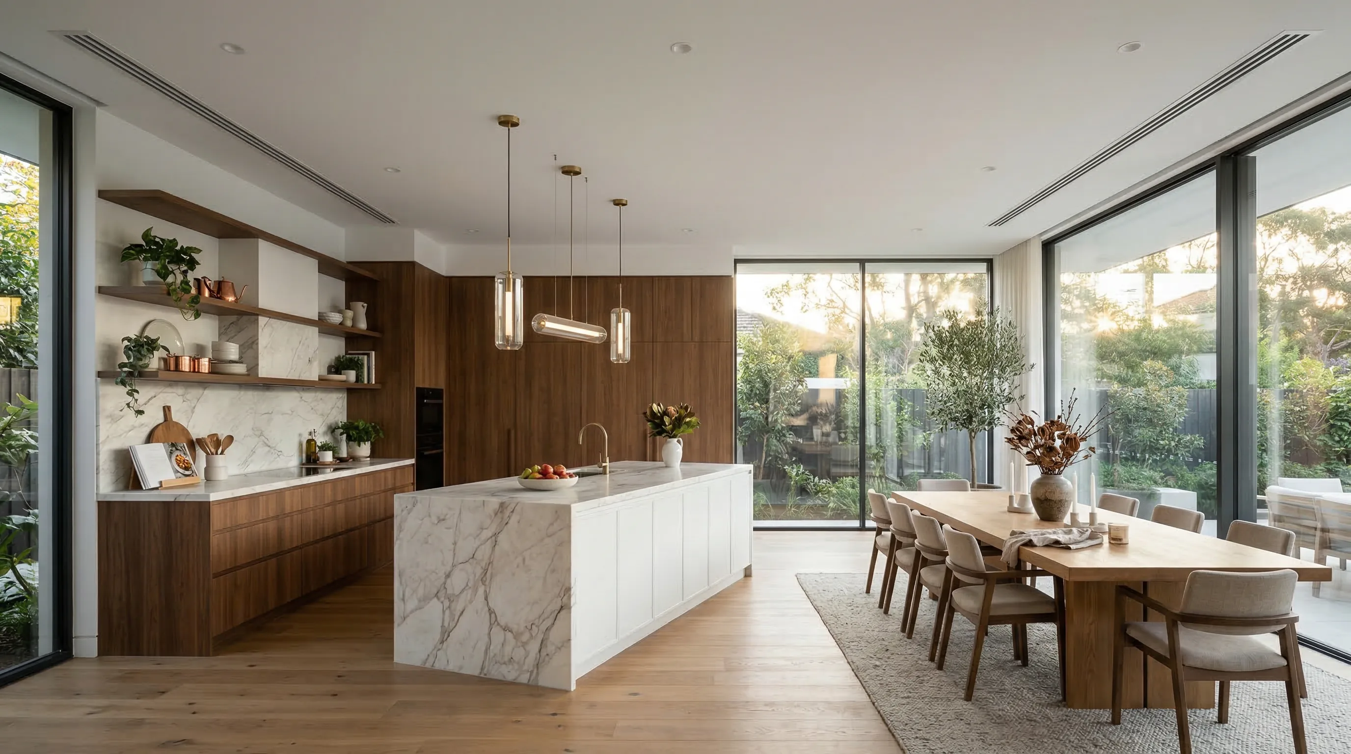 Cuisine ouverte luxueuse avec grilles de climatisation affleurantes