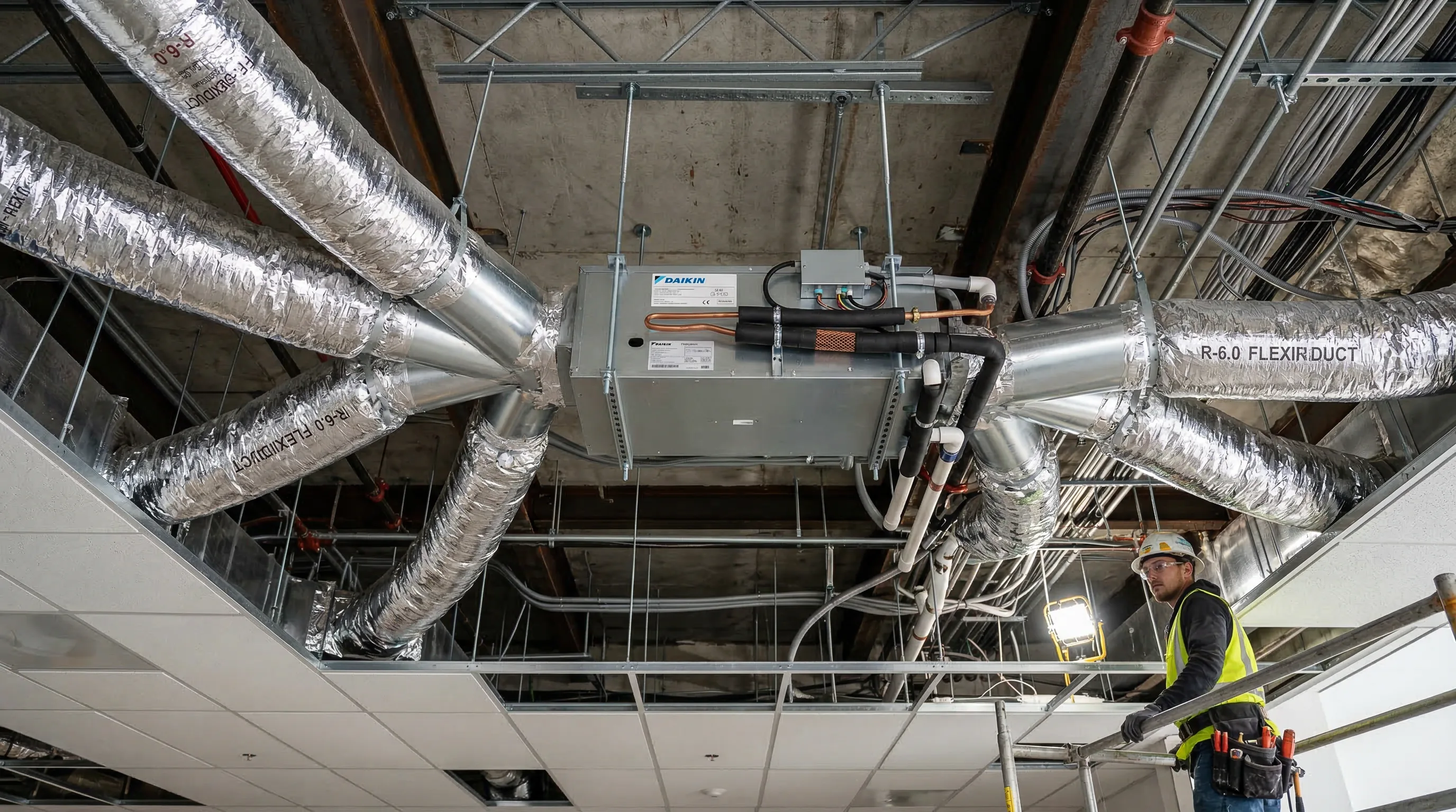 Installation technique de climatisation gainable dans un faux plafond