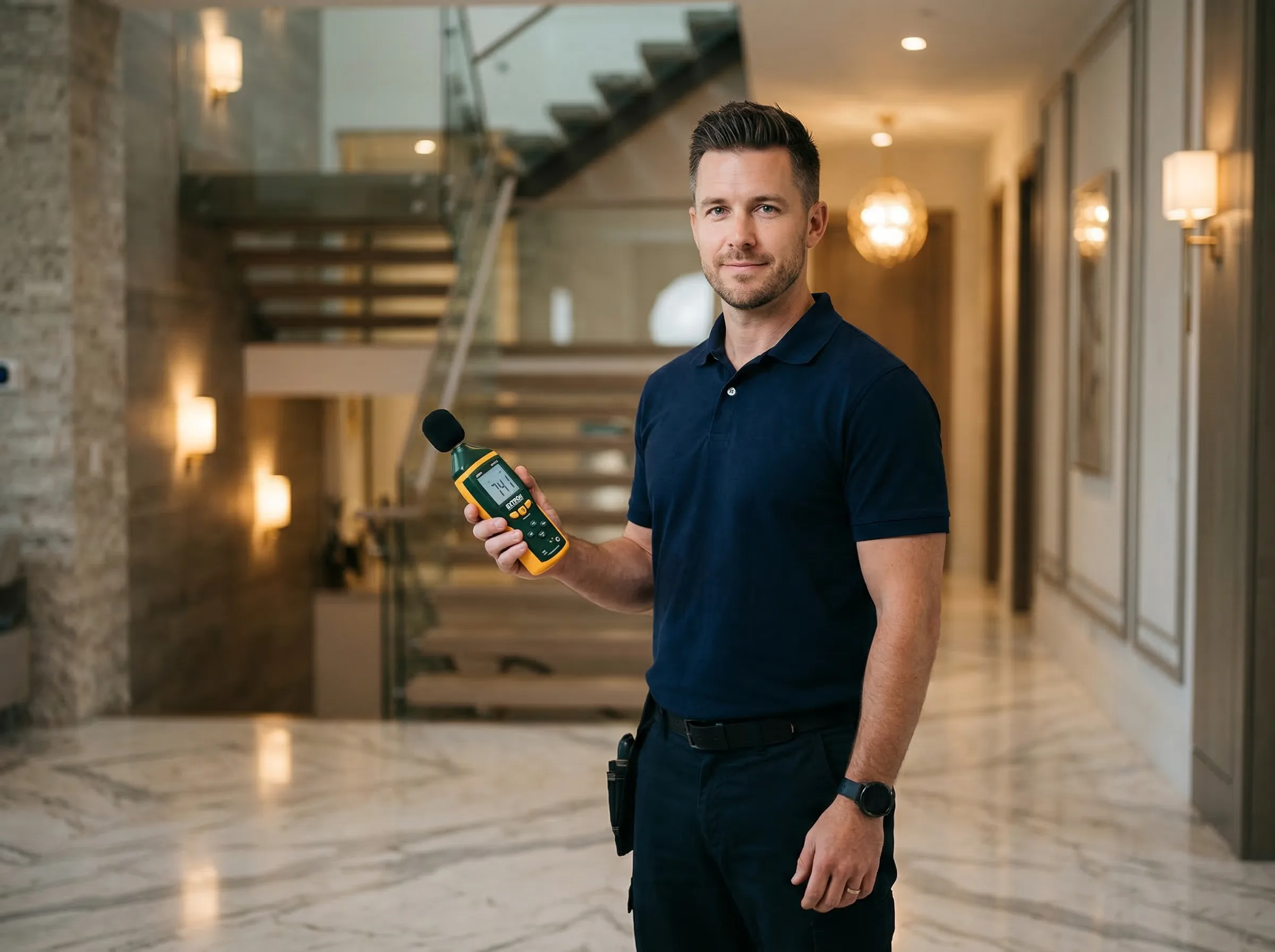 Technicien AVCP avec équipement de mesure acoustique pour climatisation haut de gamme