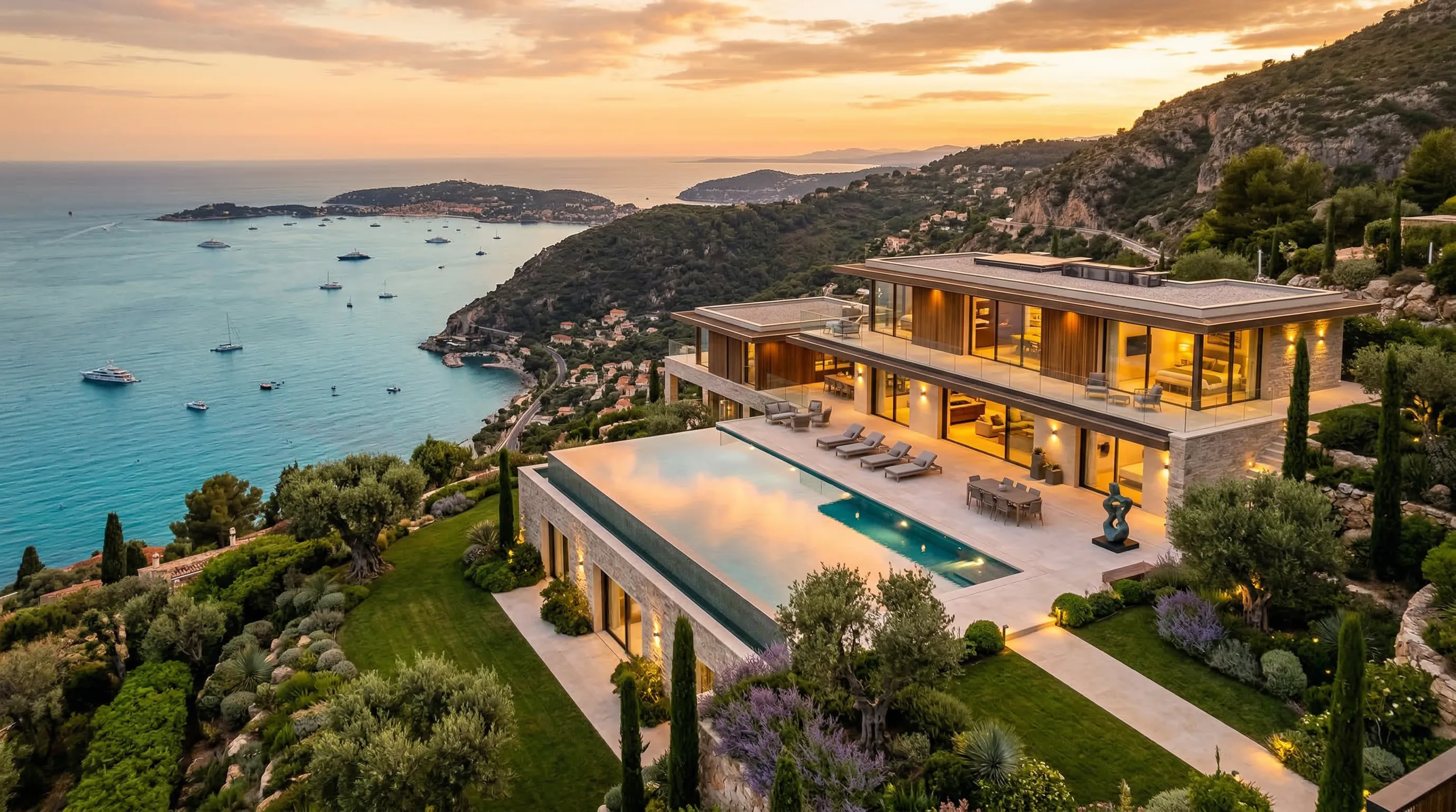 Villa luxueuse avec piscine au coucher de soleil — Climatisation haut de gamme AVCP