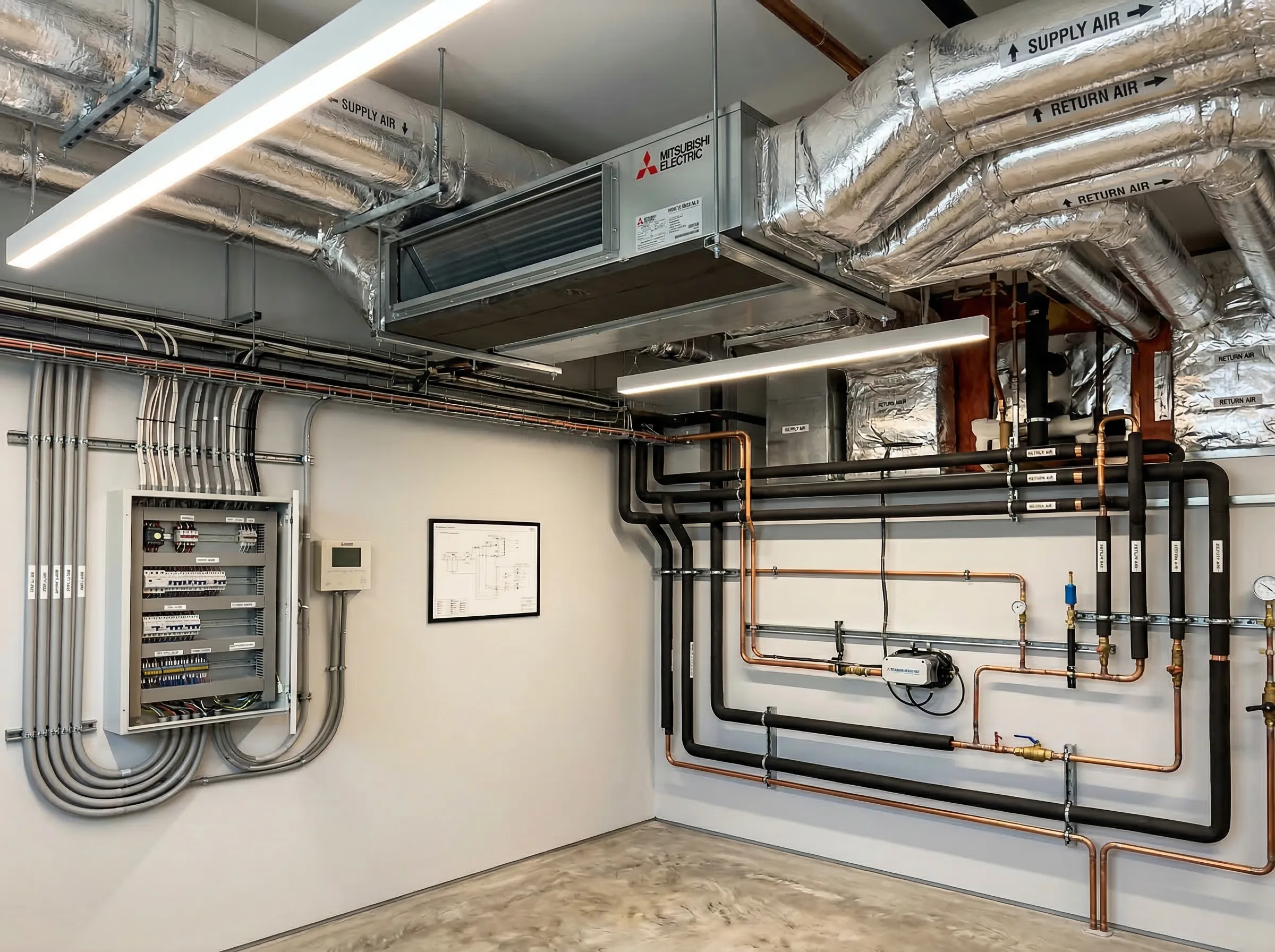 Installation HVAC professionnelle en local technique — équipements Daikin, Mitsubishi, Toshiba, LG