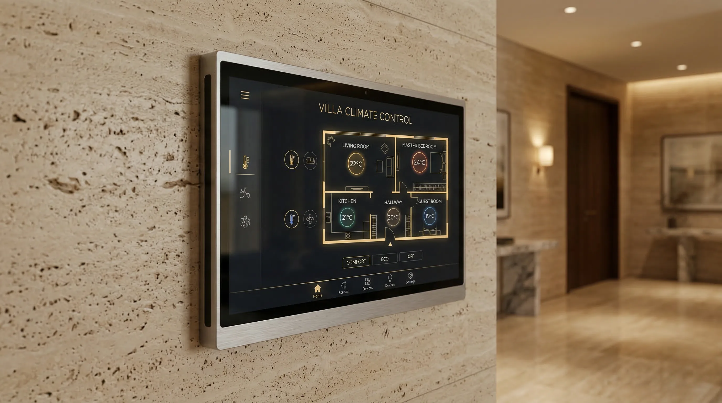 Panneau de contrôle domotique affichant les zones de climatisation