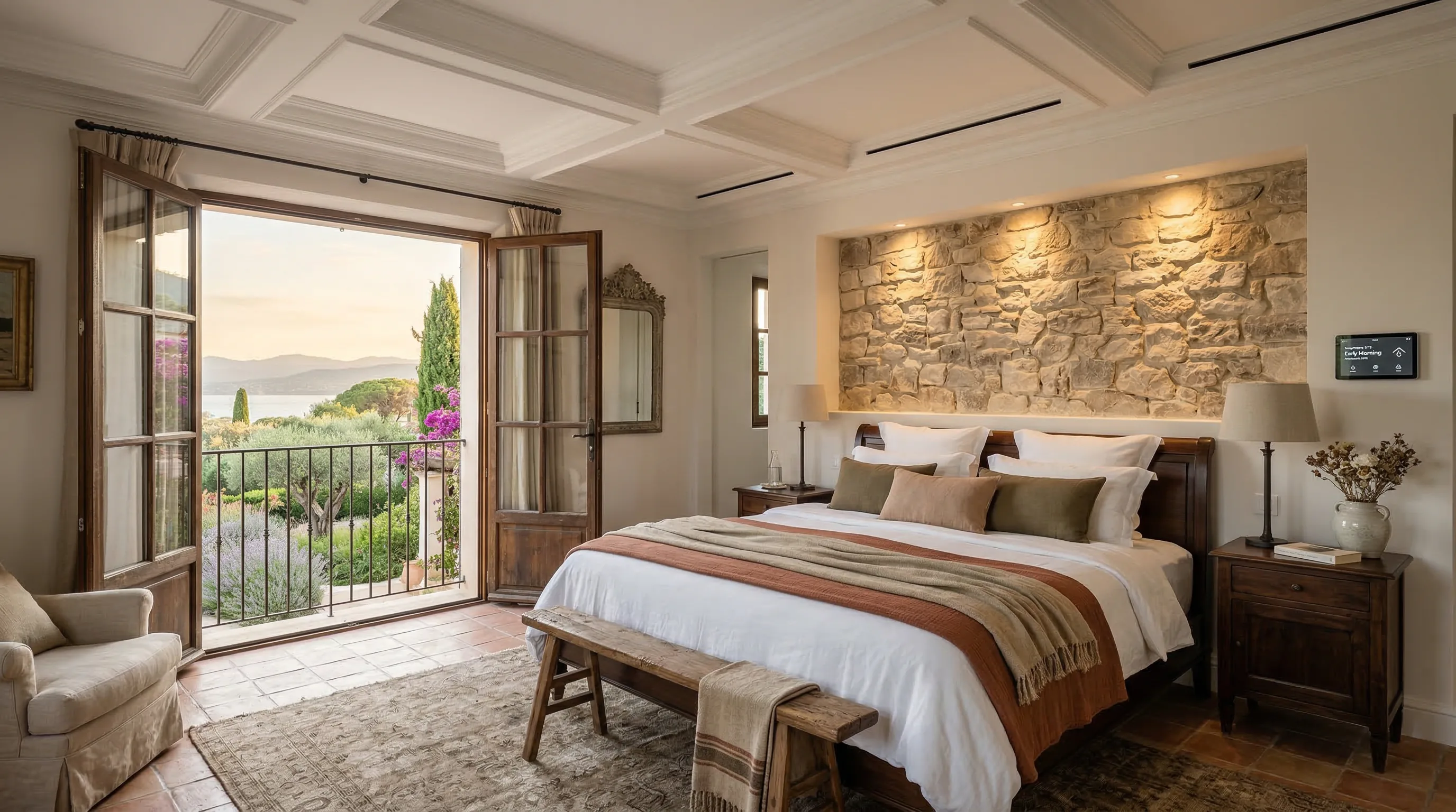 Suite parentale provençale avec vue mer et panneau domotique
