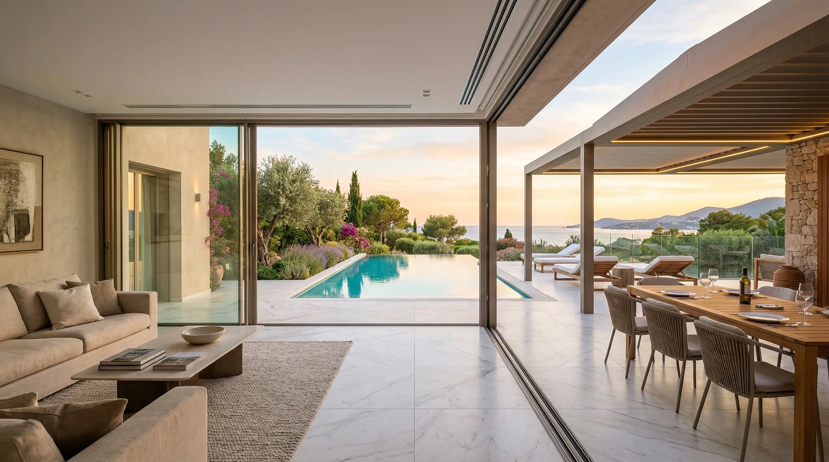 Terrasse de villa avec piscine et portes coulissantes