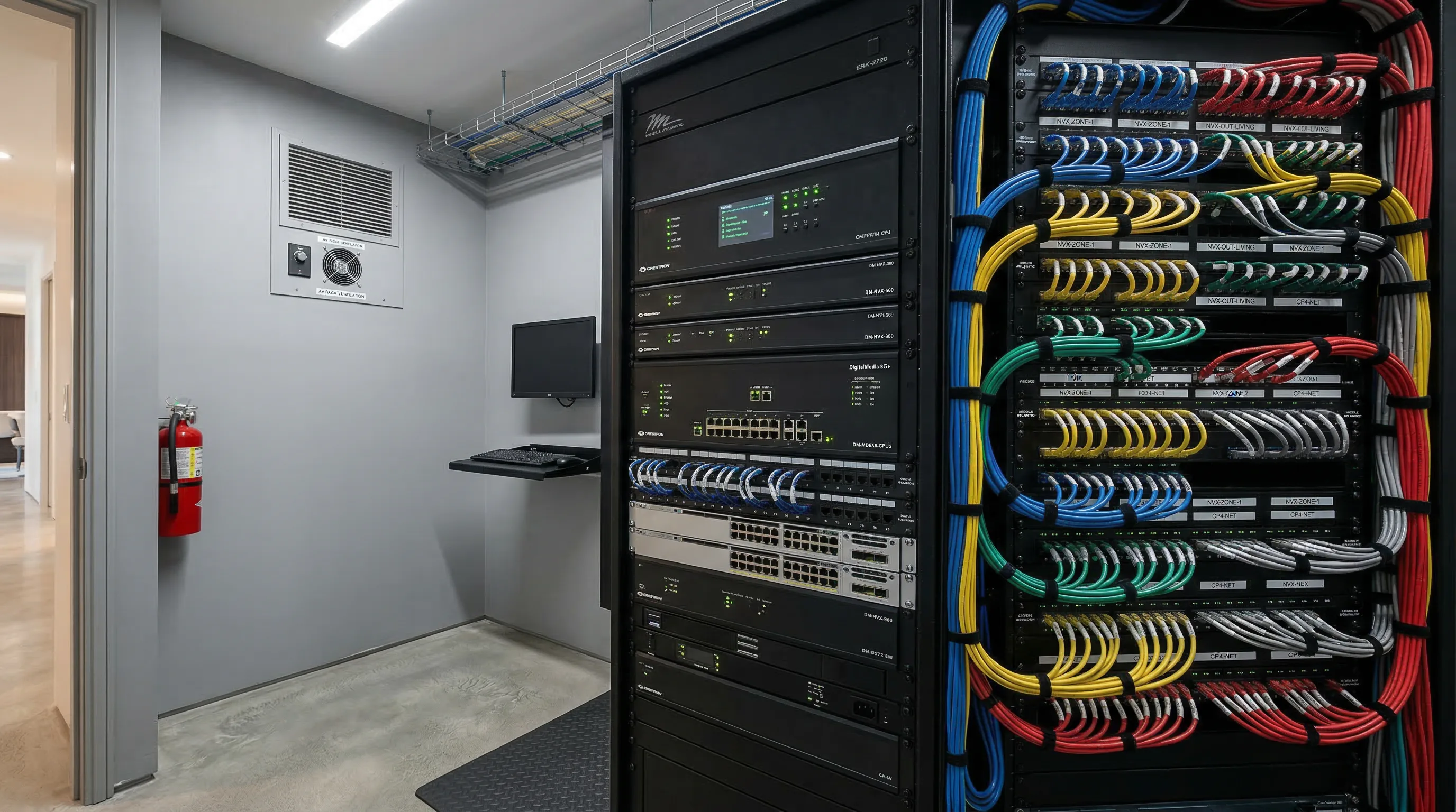 Infrastructure technique Crestron avec processeurs et modules d'automatisation installés en rack