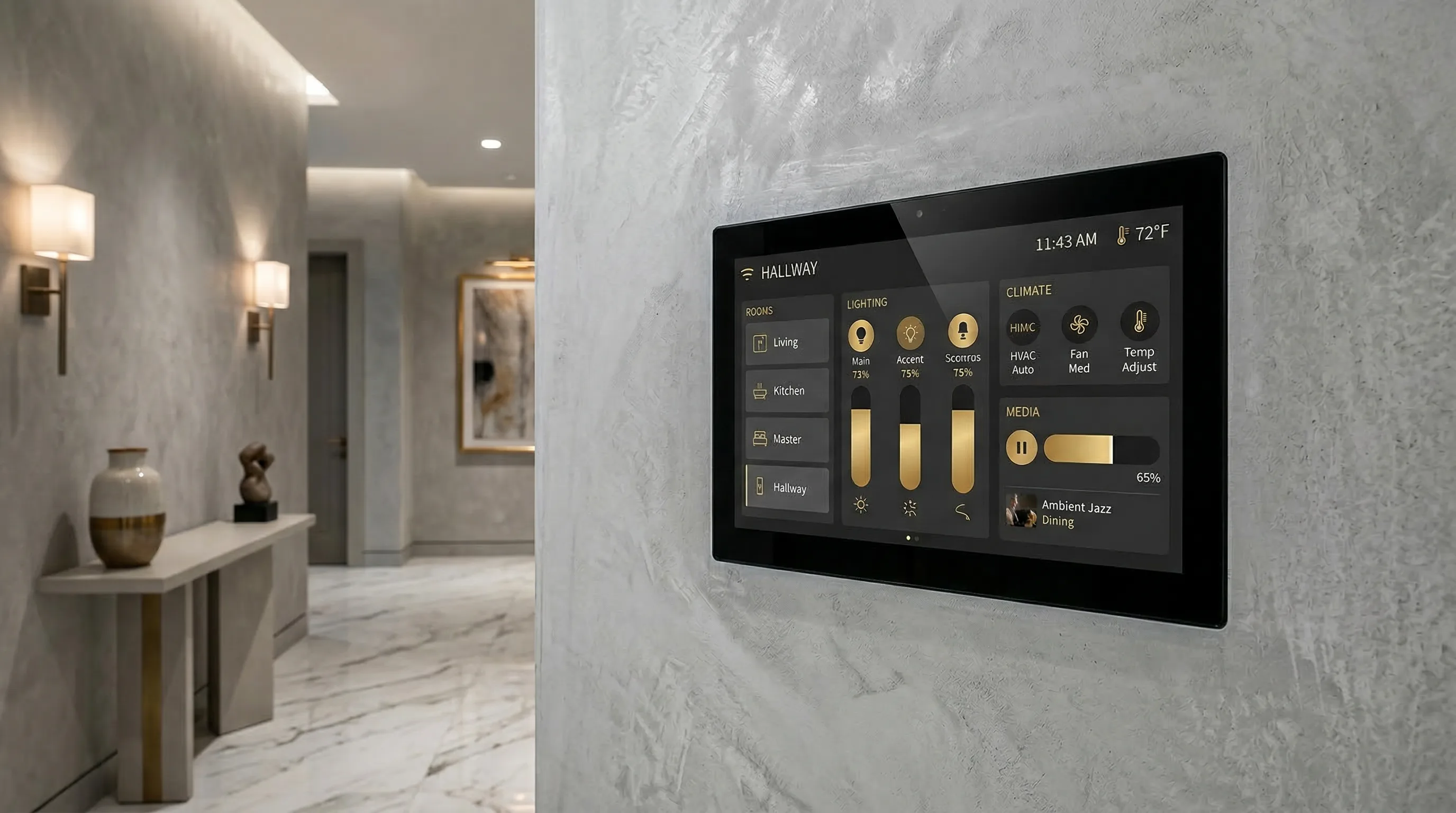 Écran tactile Crestron TSW encastré dans un mur pour le contrôle domotique d'une résidence de luxe