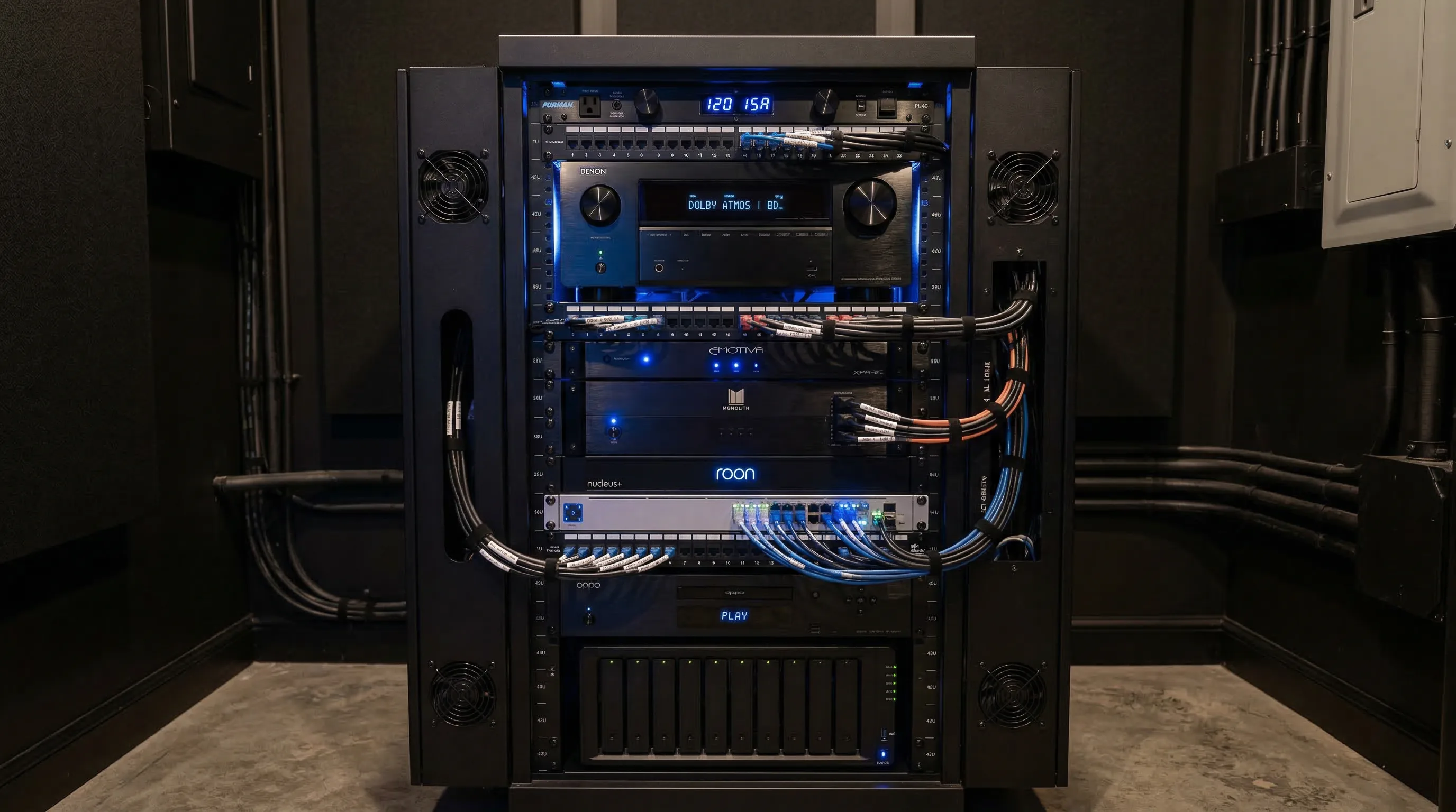 Rack technique home cinéma avec amplificateurs, processeurs et câblage professionnel