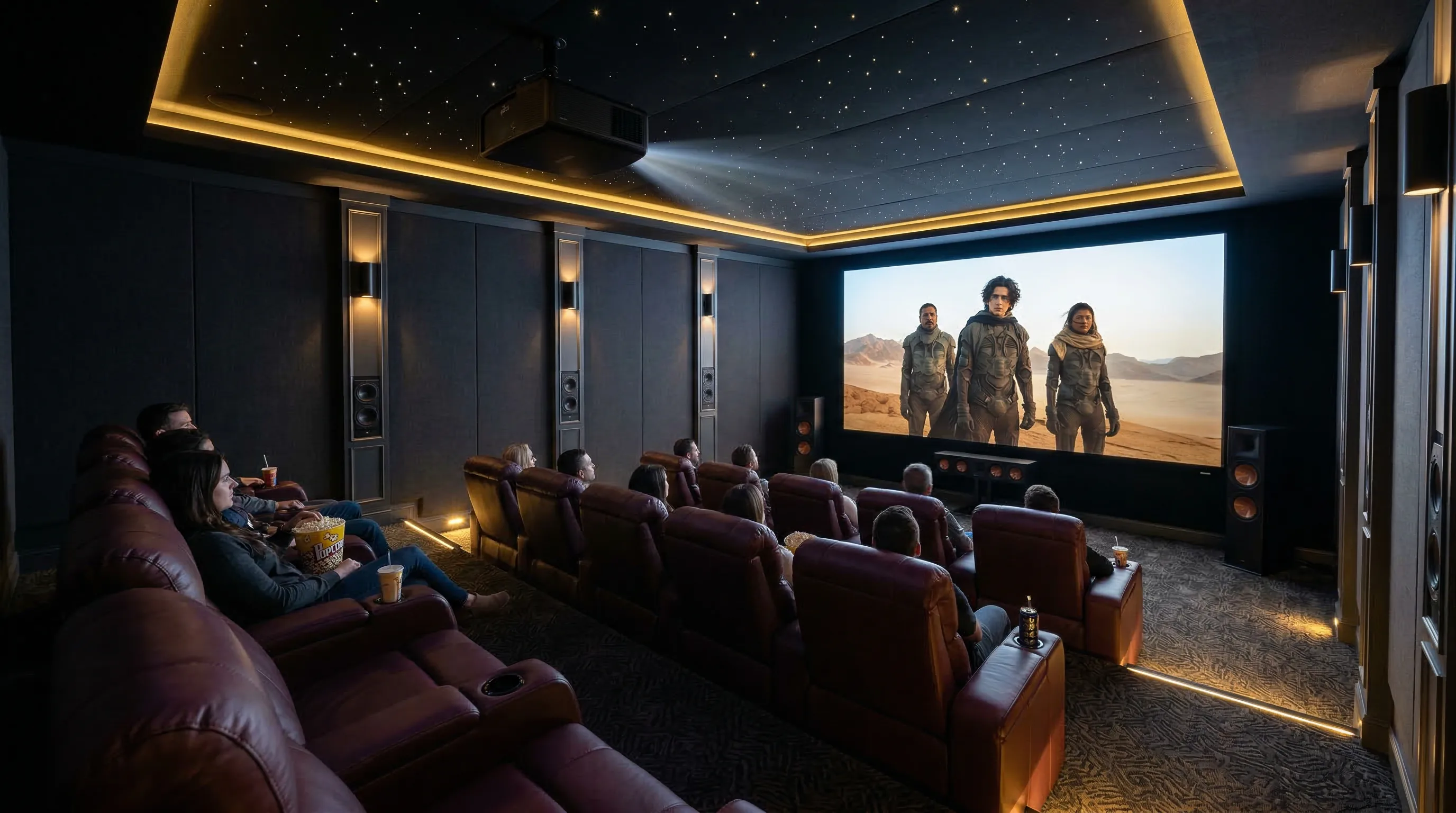 Salle de cinéma privée avec fauteuils cuir, écran de projection et éclairage d'ambiance domotisé