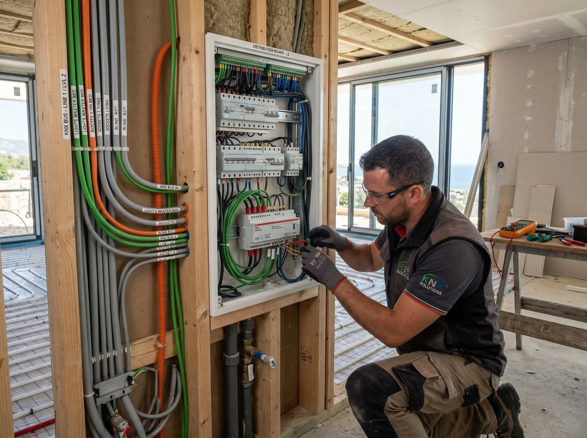 Installation de câblage bus KNX avec paire torsadée dans un tableau électrique