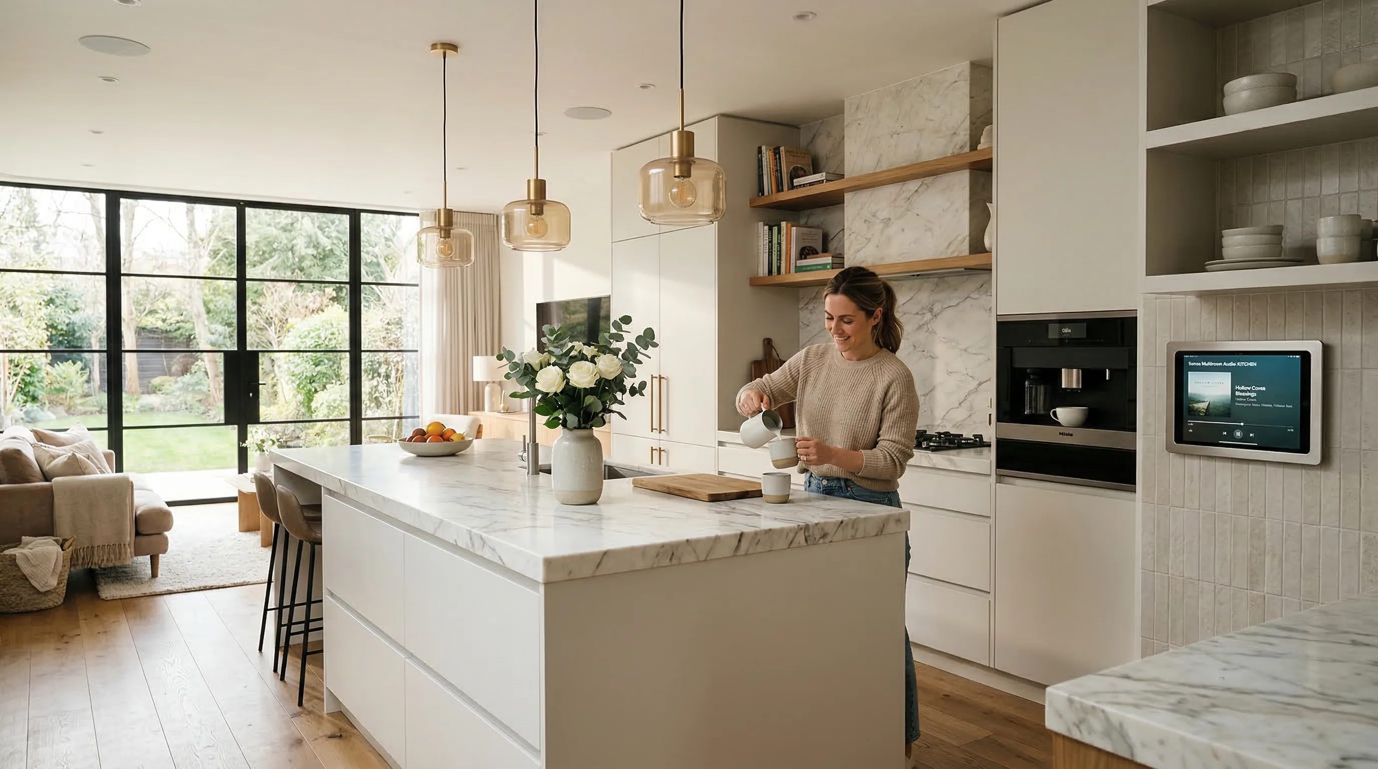 Système audio multiroom intégré dans une cuisine design avec enceintes encastrées