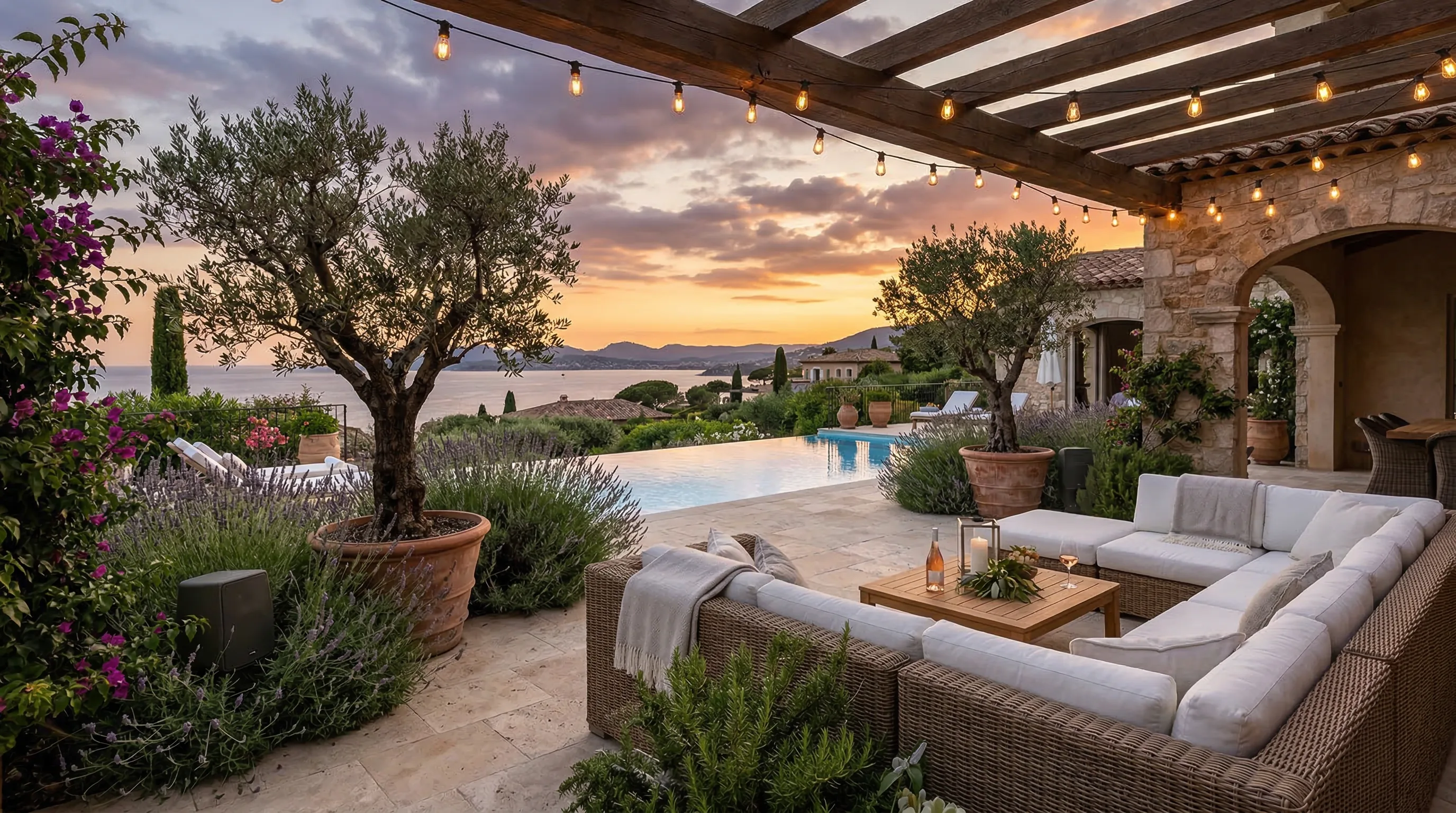 Enceintes extérieures paysagères sur terrasse avec diffusion audio multiroom