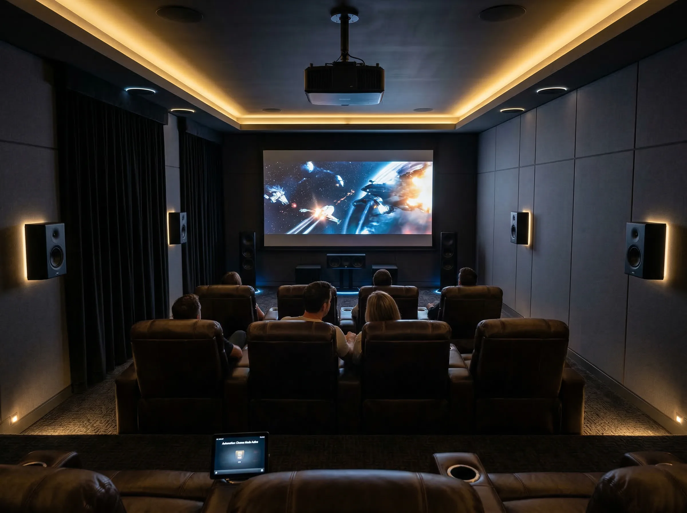 Scénario cinéma domotique avec éclairage tamisé et écran de projection motorisé