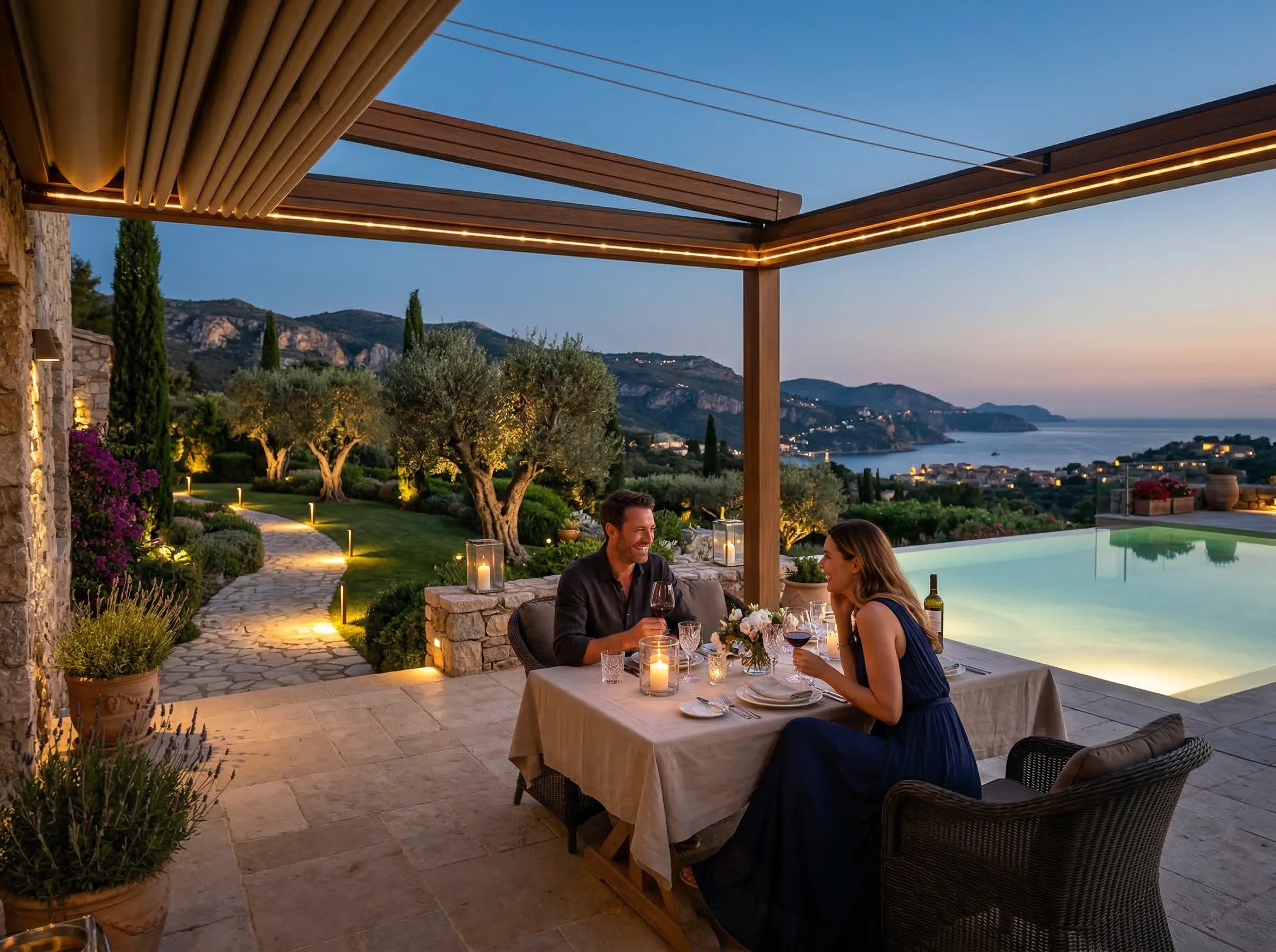 Scénario terrasse domotique avec éclairage paysager et musique d'ambiance extérieure