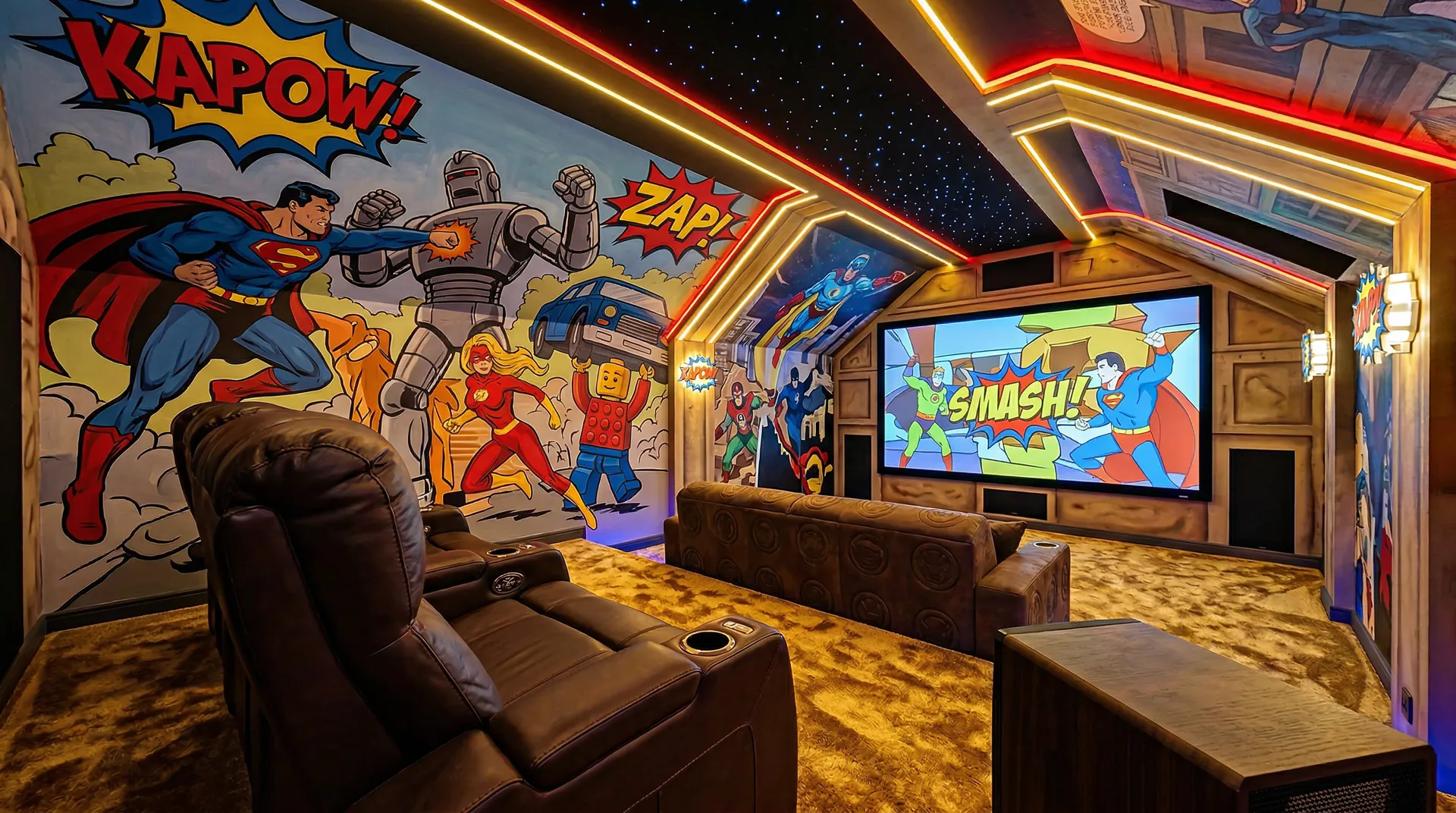 Salle home cinéma spectaculaire avec indices subtils de problèmes techniques