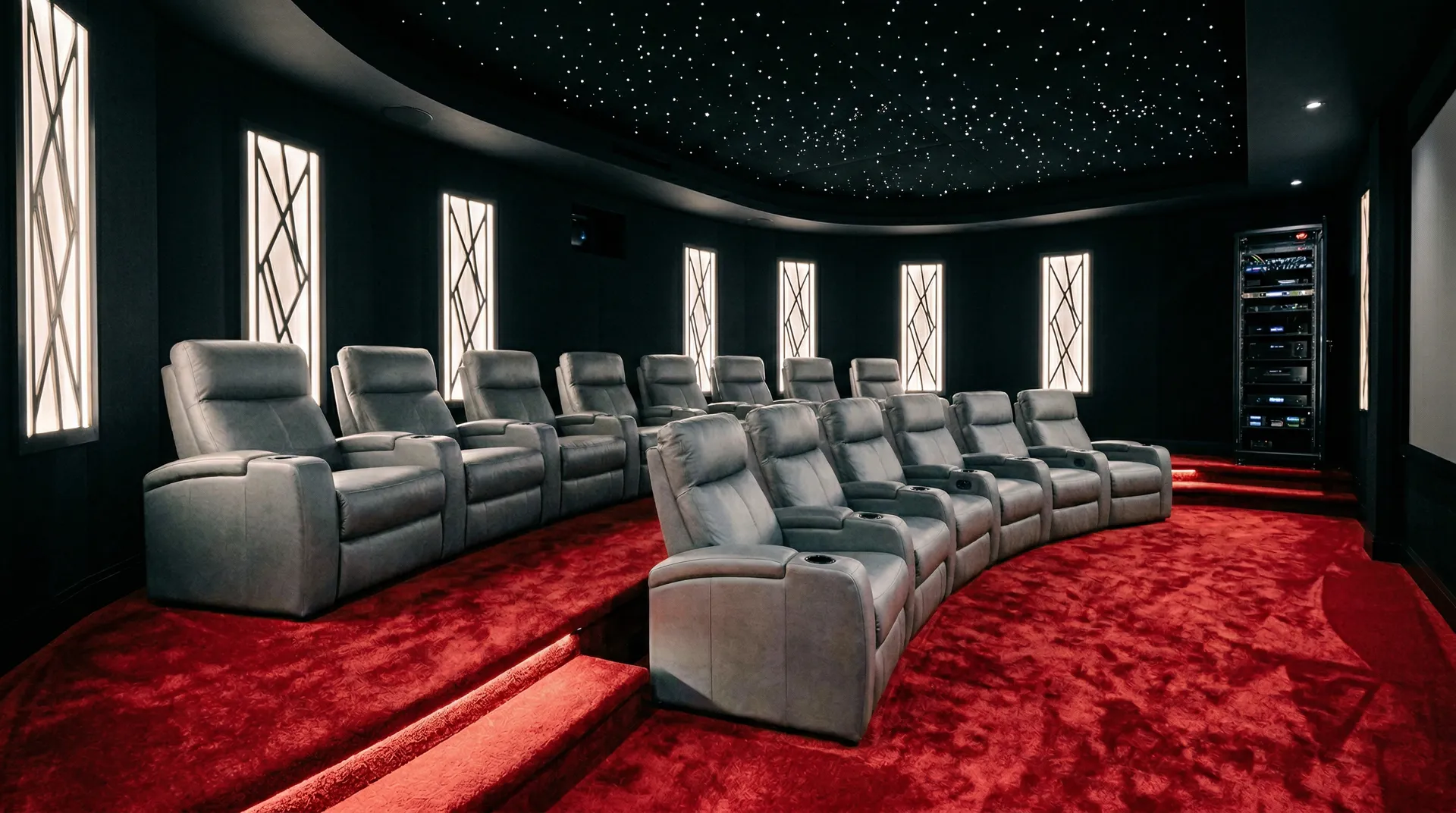 Deux salles quasi identiques côte à côte — même moquette rouge, même configuration datée