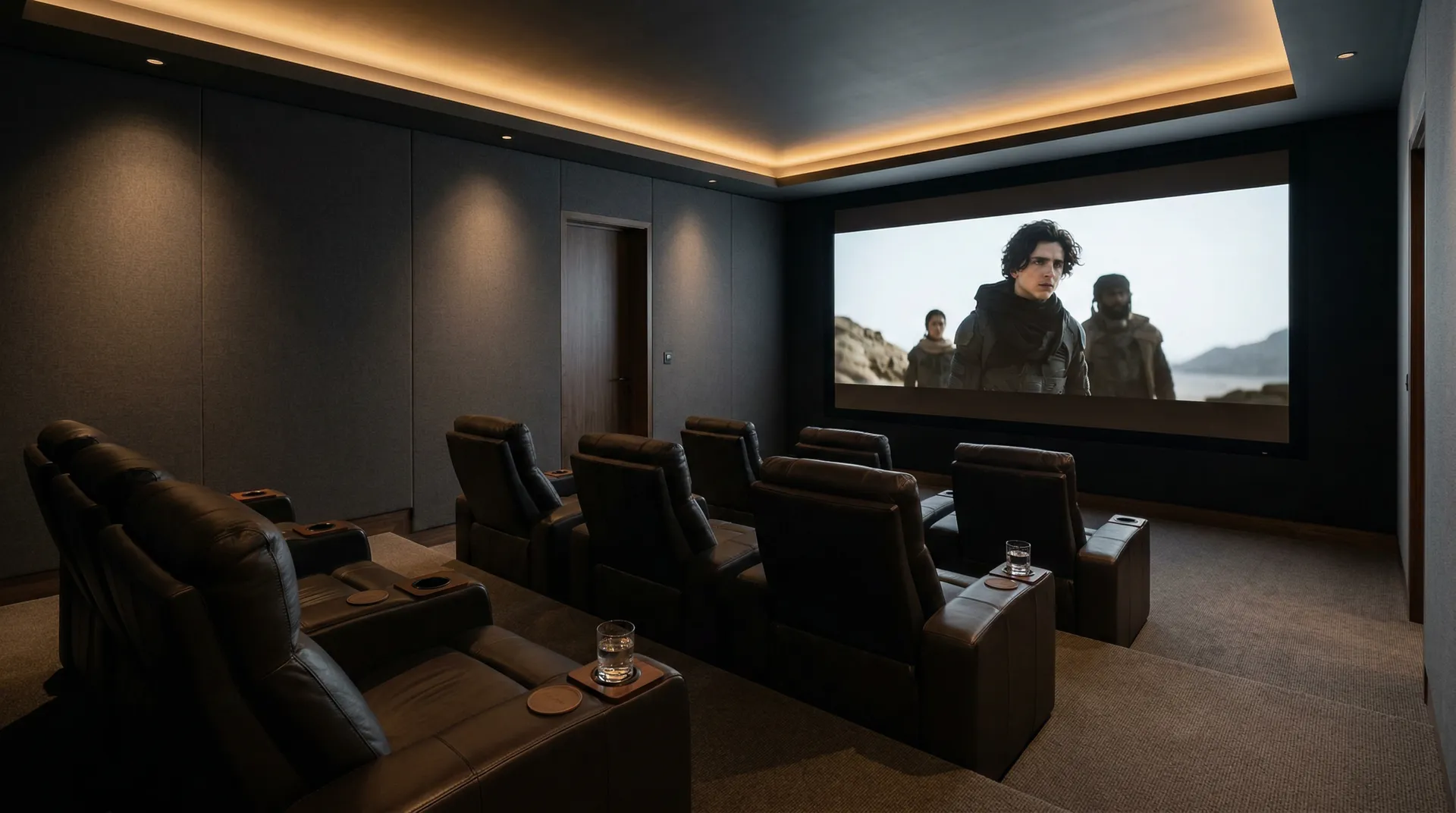 Salle de cinéma sobre, élégante, éclairage indirect, fauteuils bien positionnés