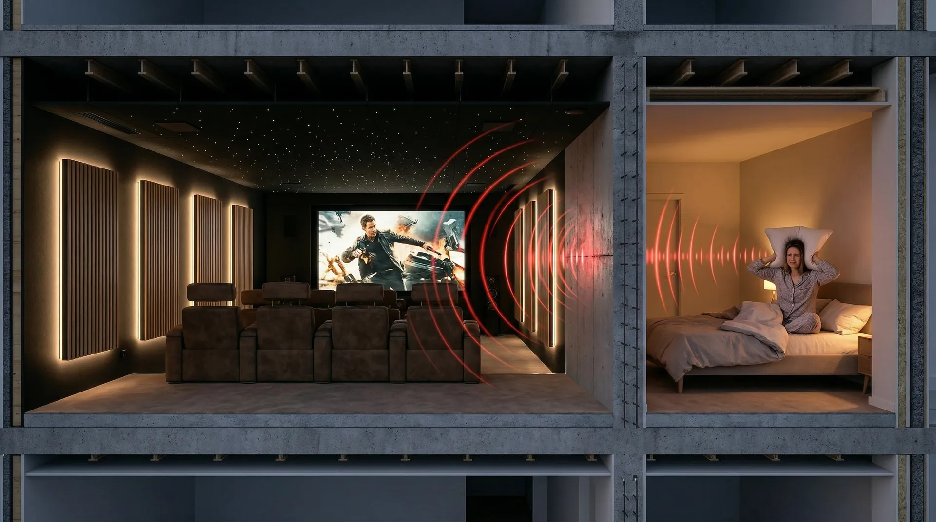 Vue en coupe d’un mur — d’un côté un home cinéma, de l’autre une chambre