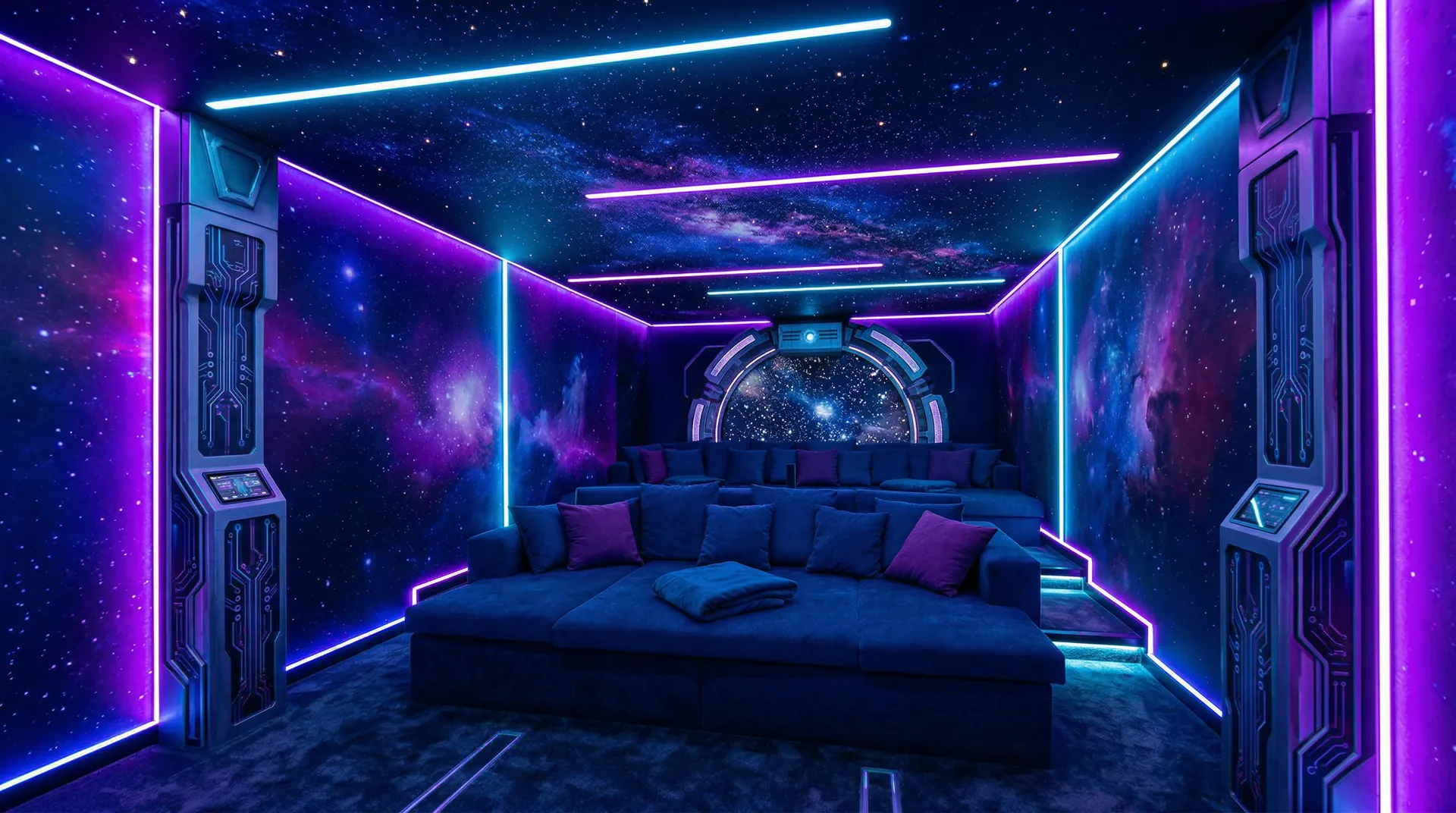 Salle avec bandes LED spectaculaires, ambiance colorée façon parc d’attractions