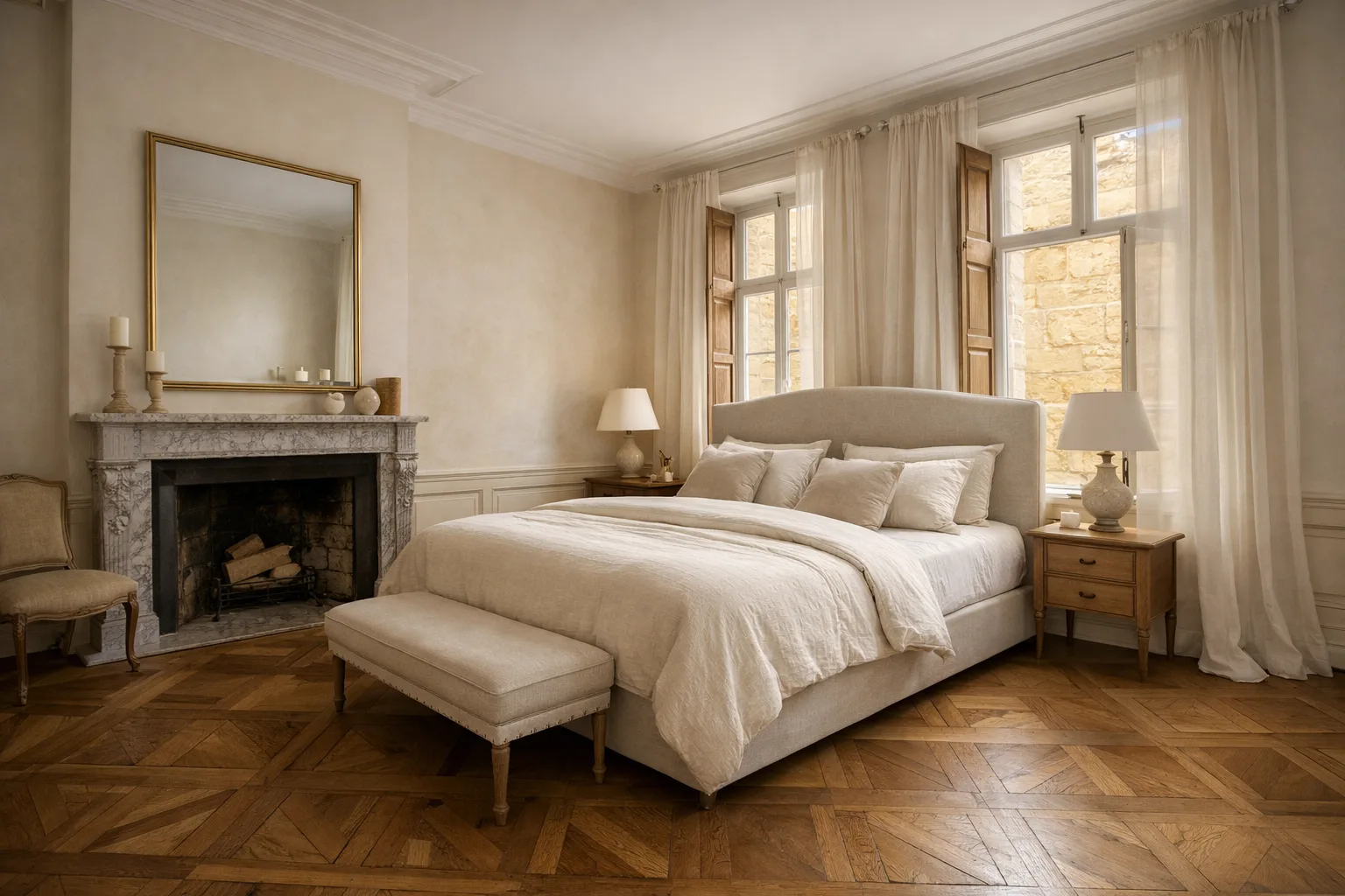 Chambre parentale à Bordeaux — tête de lit capitonnée, parquet en point de Hongrie et velours