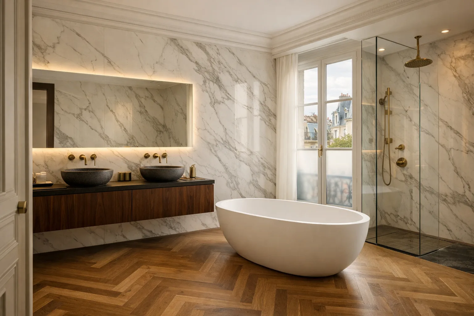 Salle de bains rénovée — marbre et robinetterie design