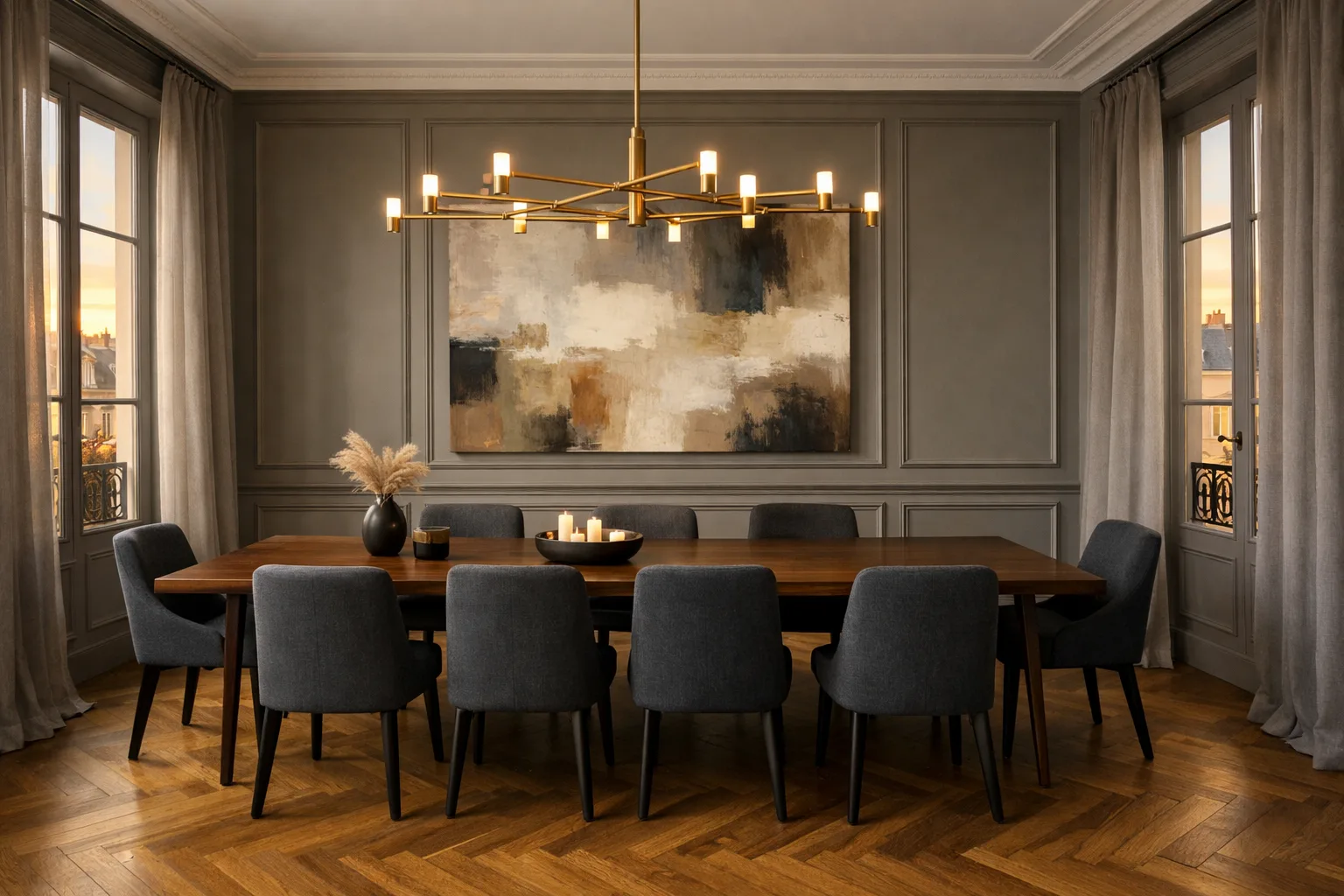 Salle à manger haut de gamme — table en bois massif, suspension design