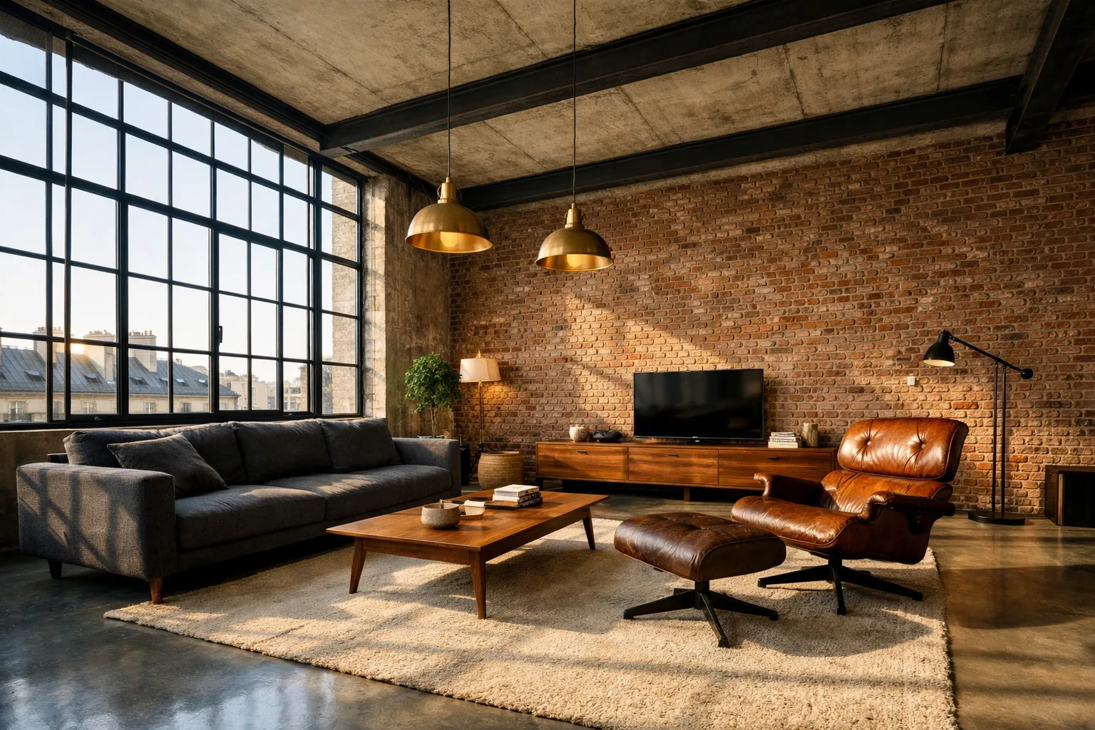 Loft parisien industriel — poutres métalliques et verrière