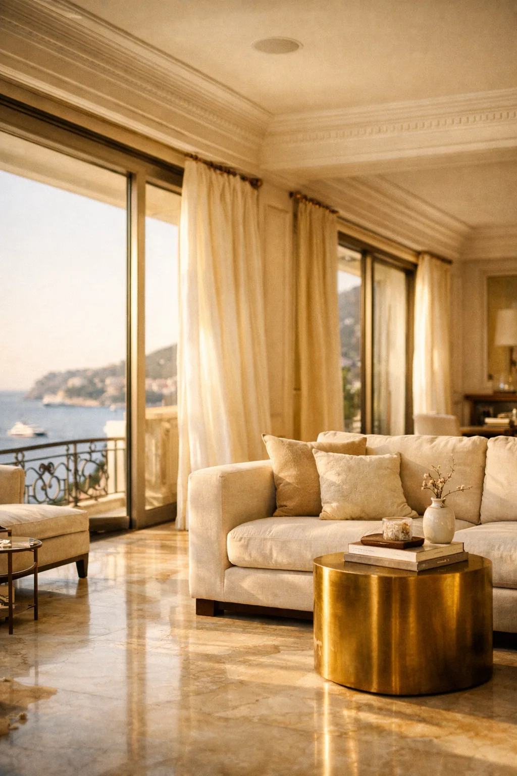 Villa rénovée à Monaco — salon lumineux avec matériaux nobles