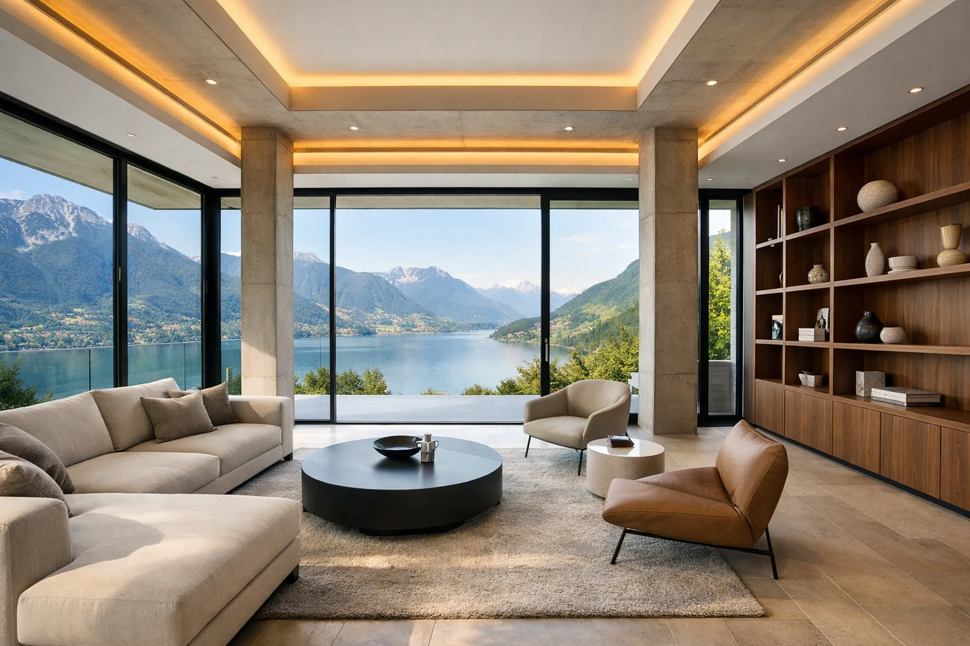 Villa contemporaine à Annecy — salon avec vue lac et montagnes