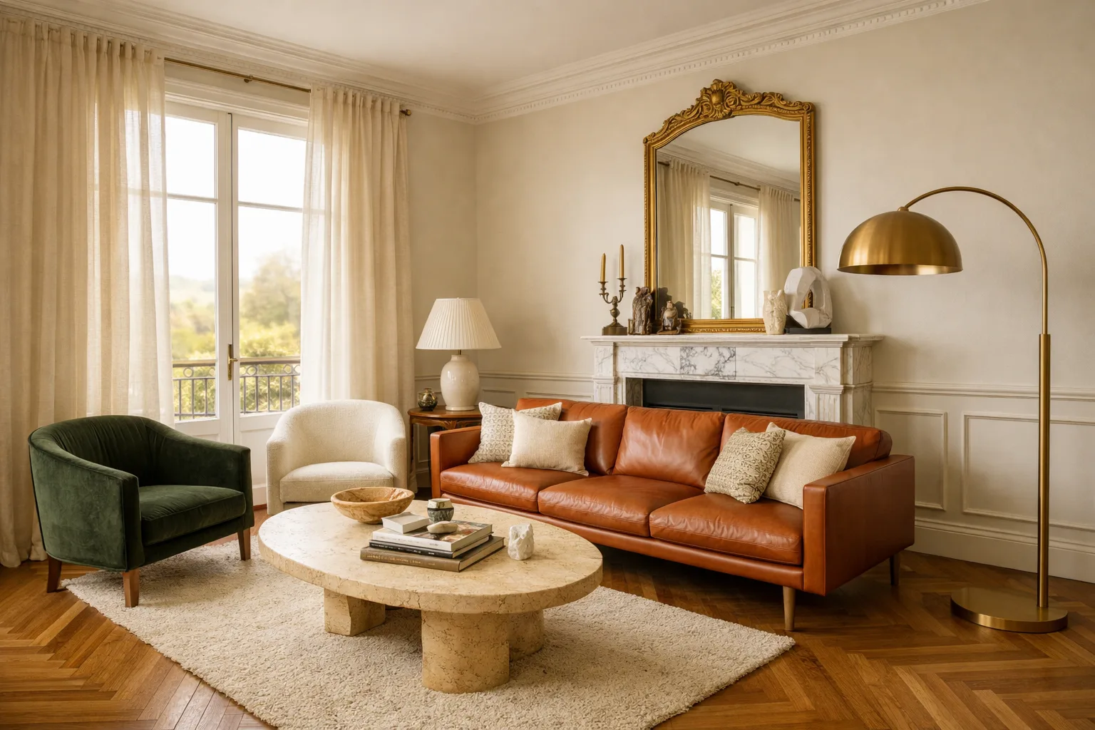 Salon contemporain éclectique dans une villa Côte d'Azur — cuir cognac, cheminée marbre, parquet chevron