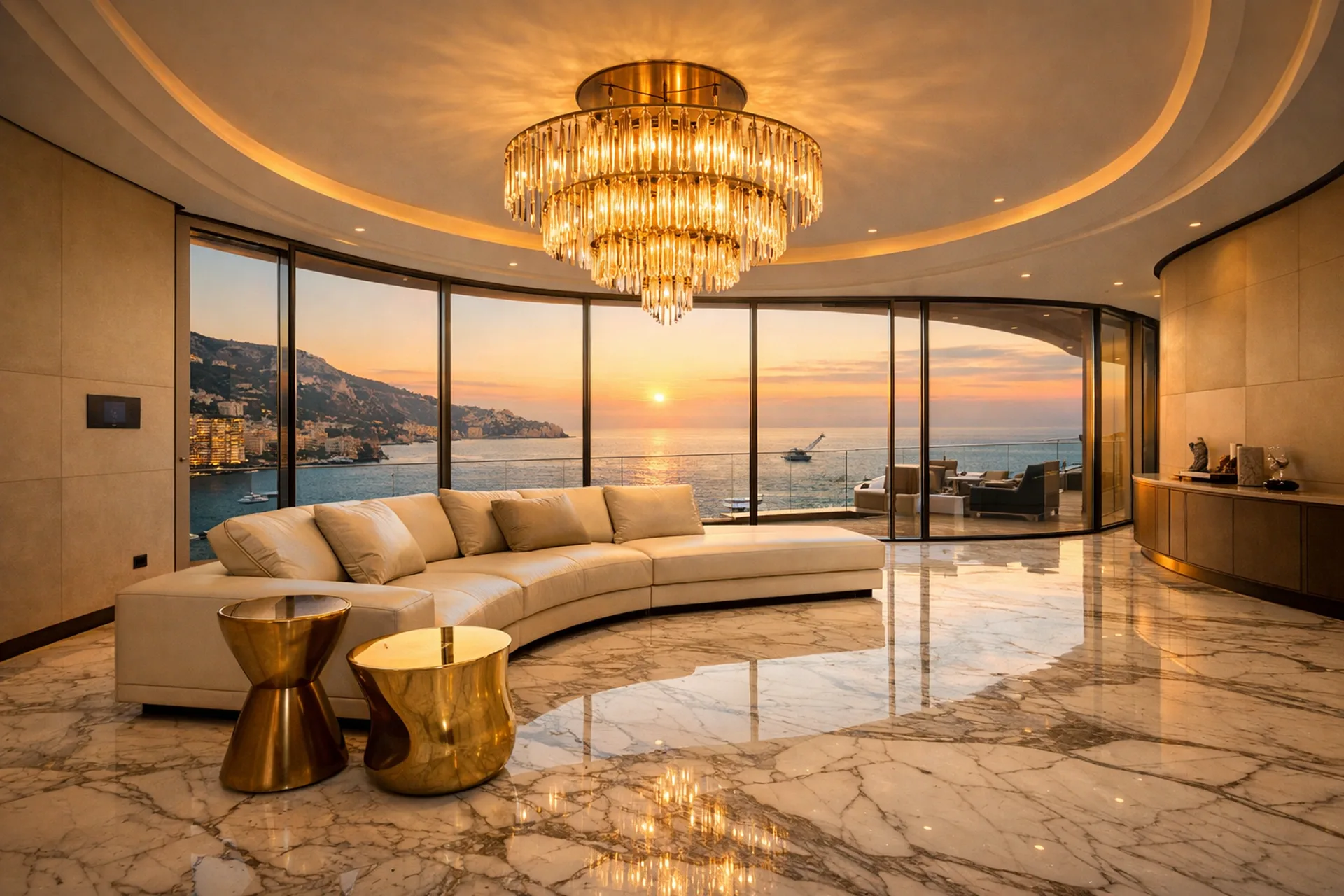 Penthouse à Monaco — marbre, lustre et vue mer panoramique