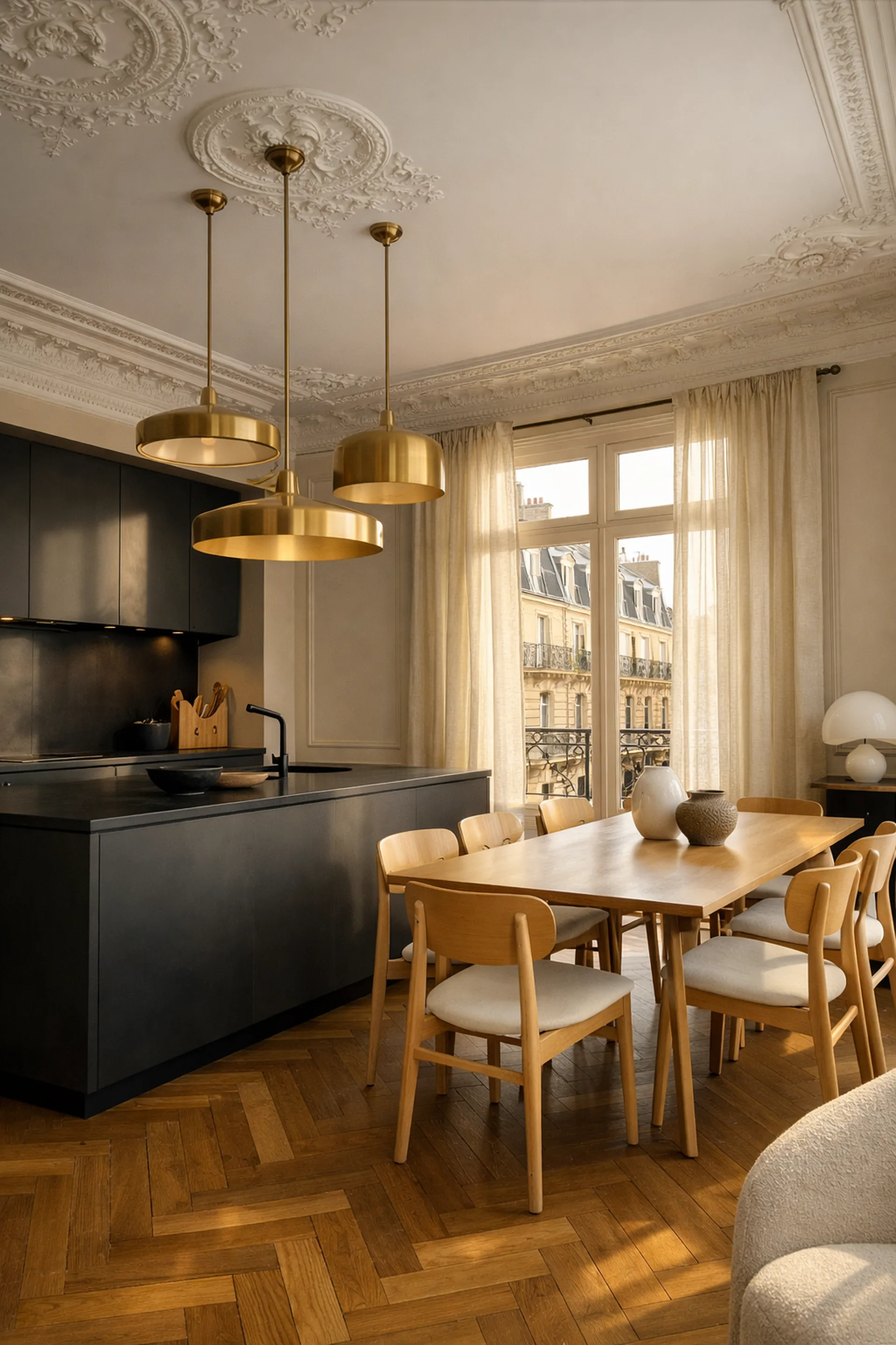 Appartement haussmannien Paris 16e — moulures et cuisine contemporaine