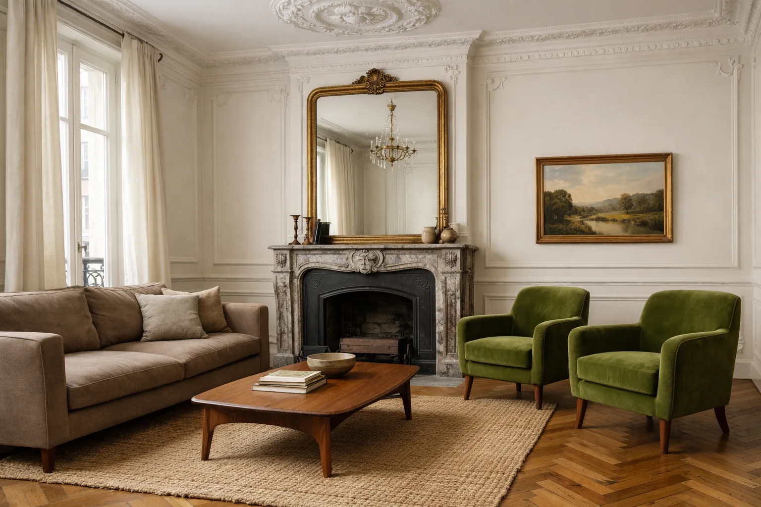 Salon haussmannien avec scénarios lumineux — éclairage indirect derrière moulures et spots encastrés