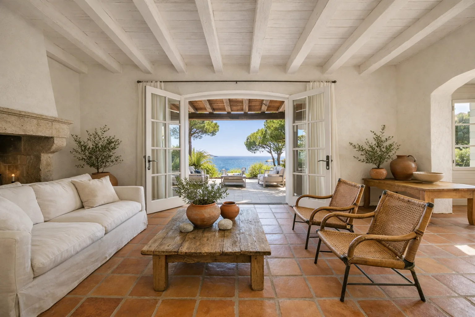 Projet Saint-Tropez — salon ouvert avec vue méditerranéenne