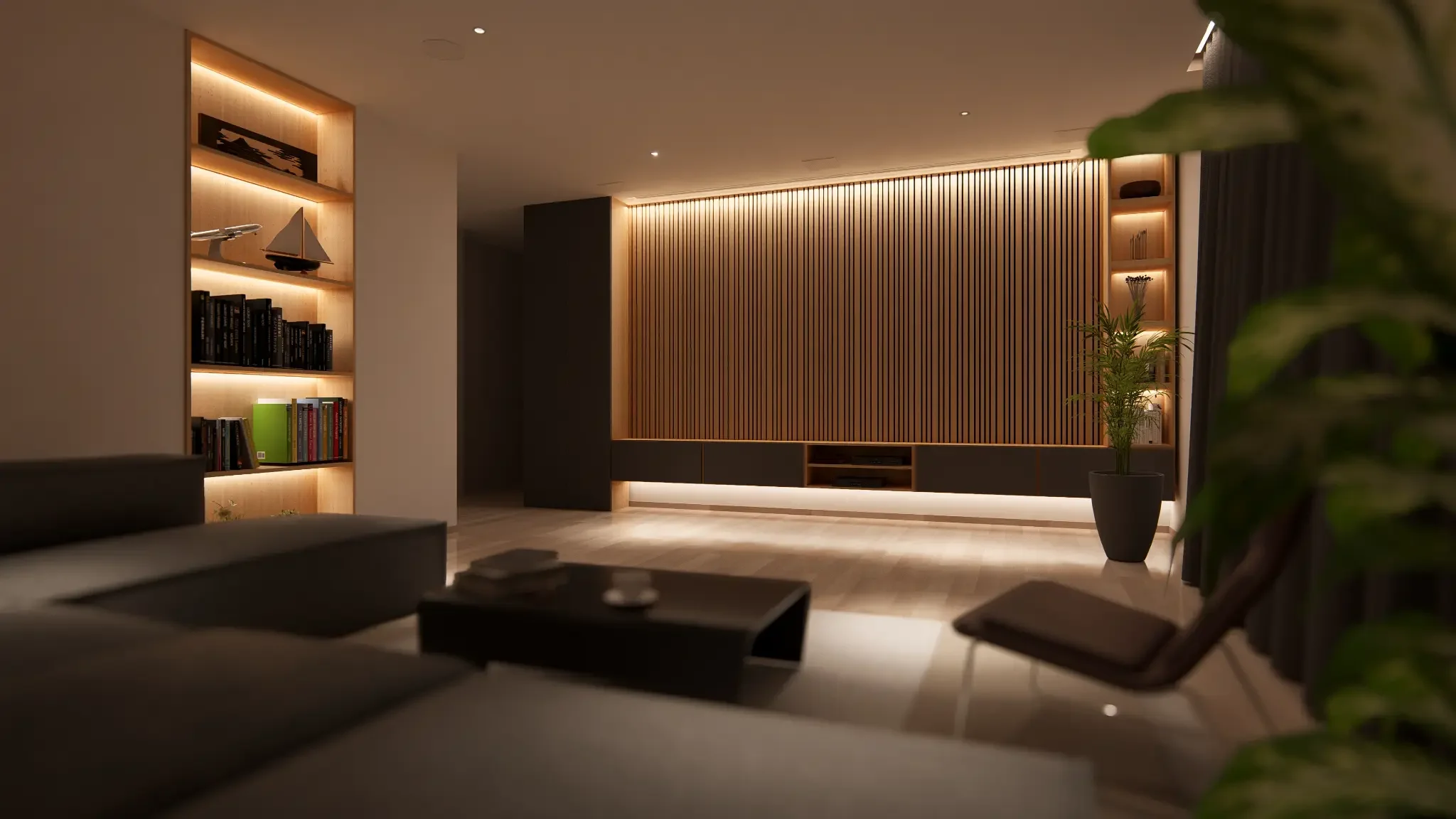 Salon avec écran de projection fermé - intégration invisible