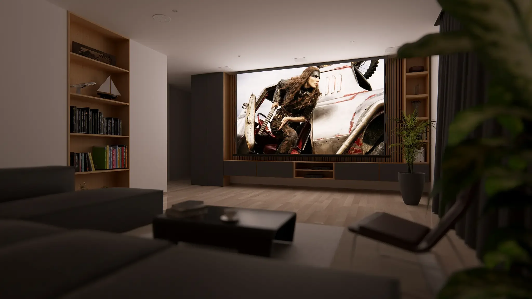 Salon avec écran de projection ouvert