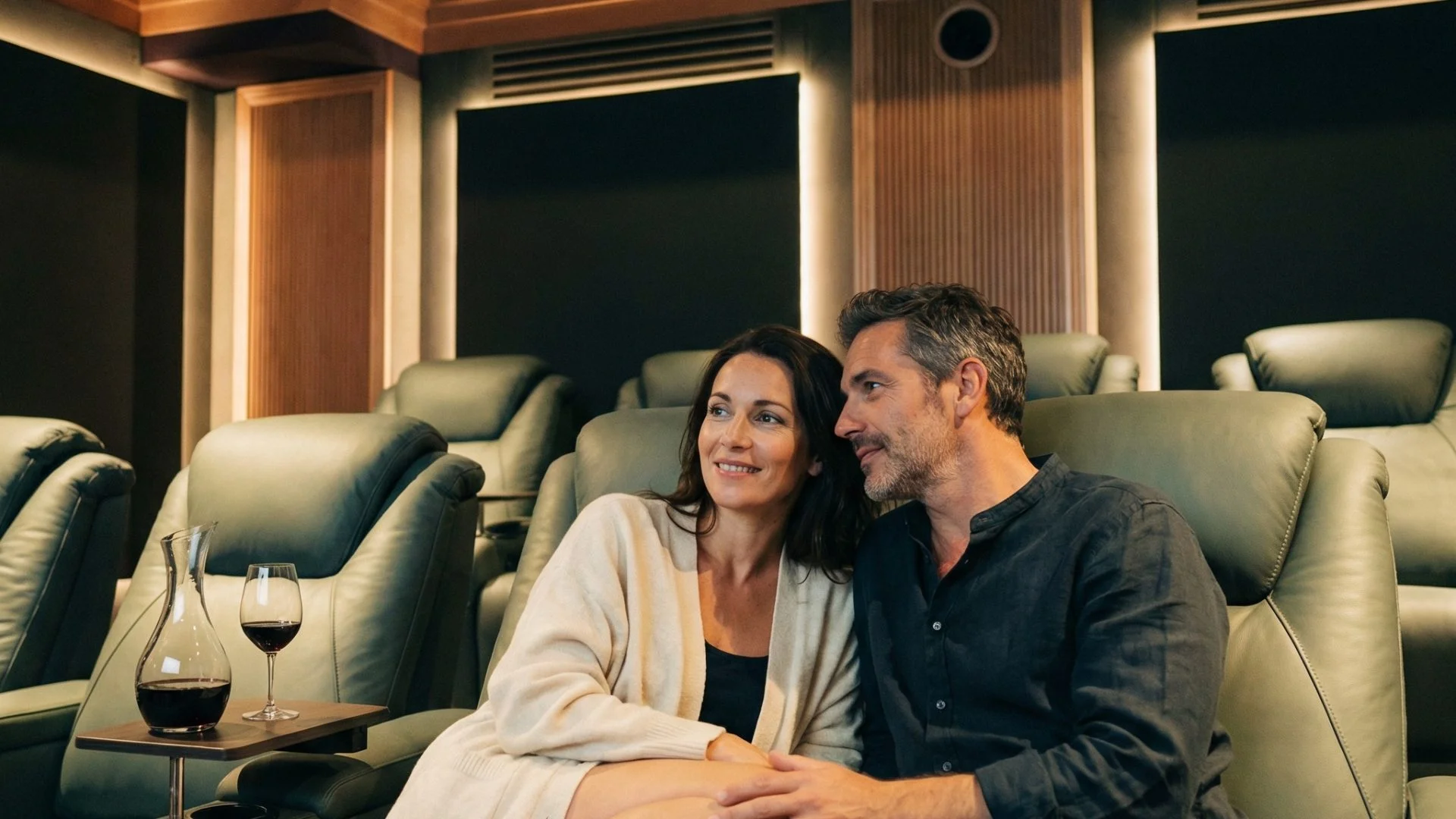 Couple dans une salle cinéma privée haut de gamme avec fauteuils cuir et carafe de vin