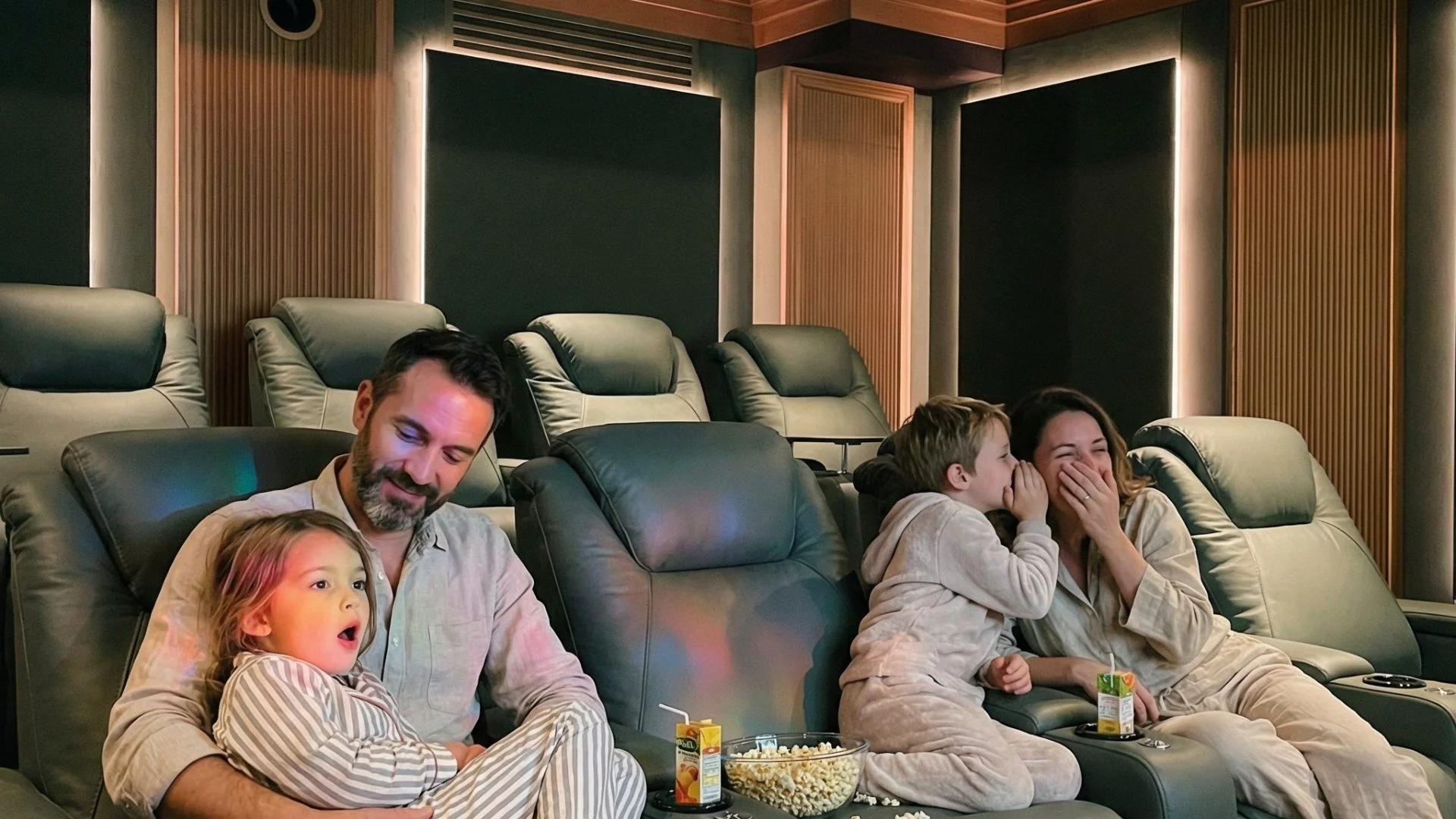 Famille avec enfants dans les fauteuils d'une salle cinéma privée