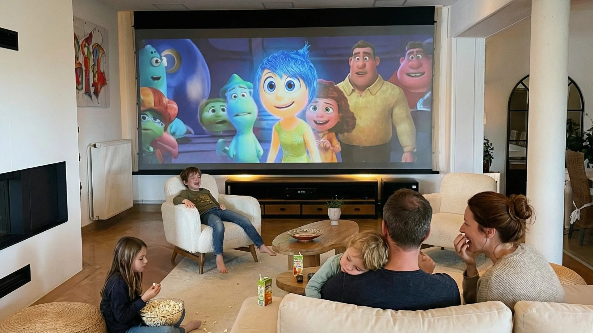 Famille avec enfants regardant Vice-Versa sur écran géant dans leur salon