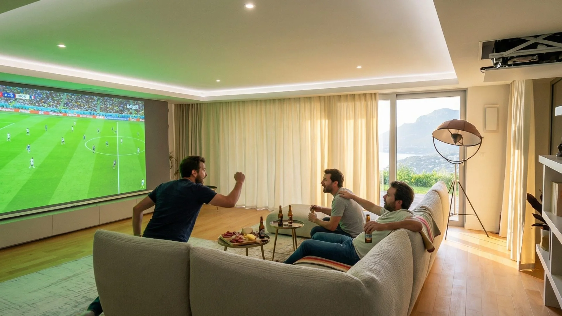Amis regardant un match de football sur écran géant dans un salon avec vidéoprojecteur