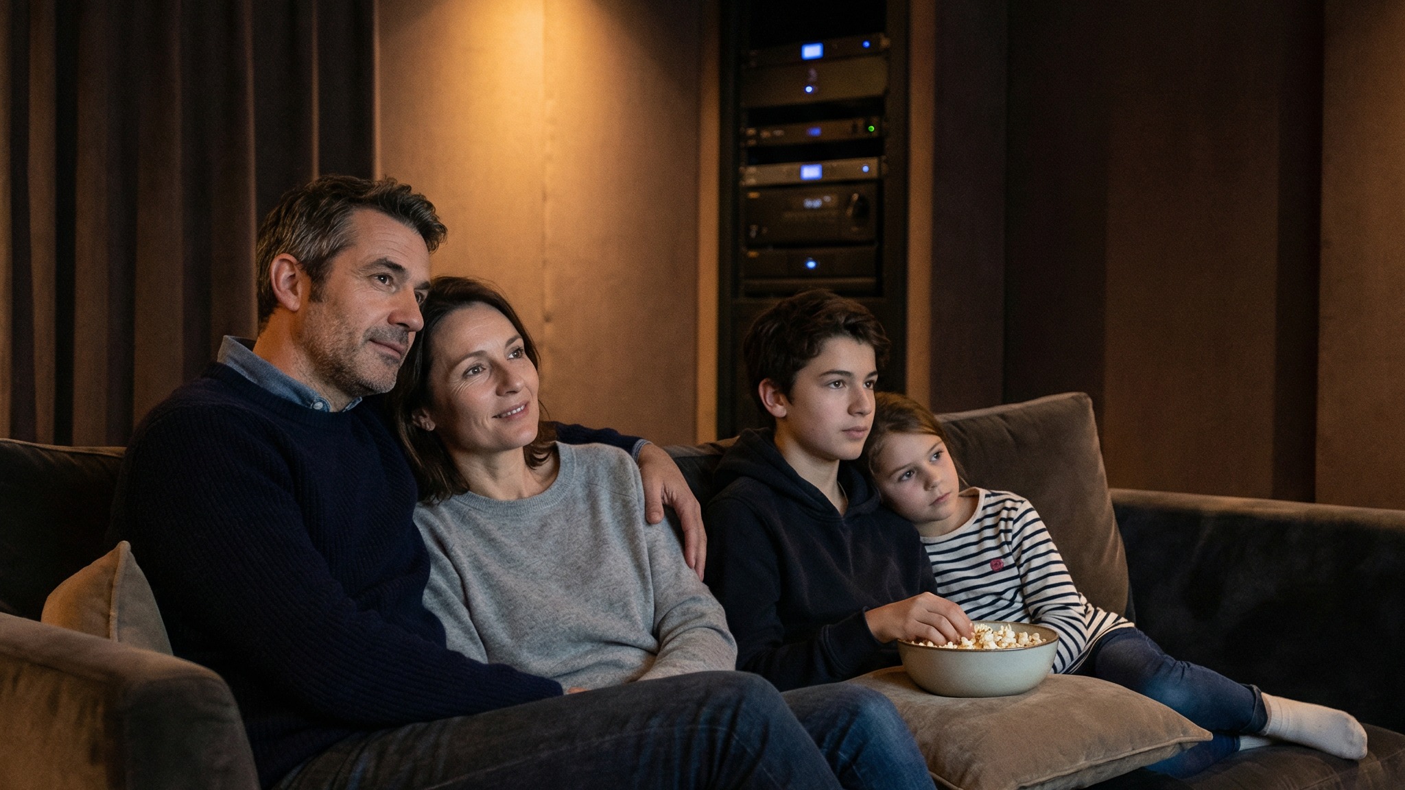 Famille heureuse dans une salle de cinéma privée réussie